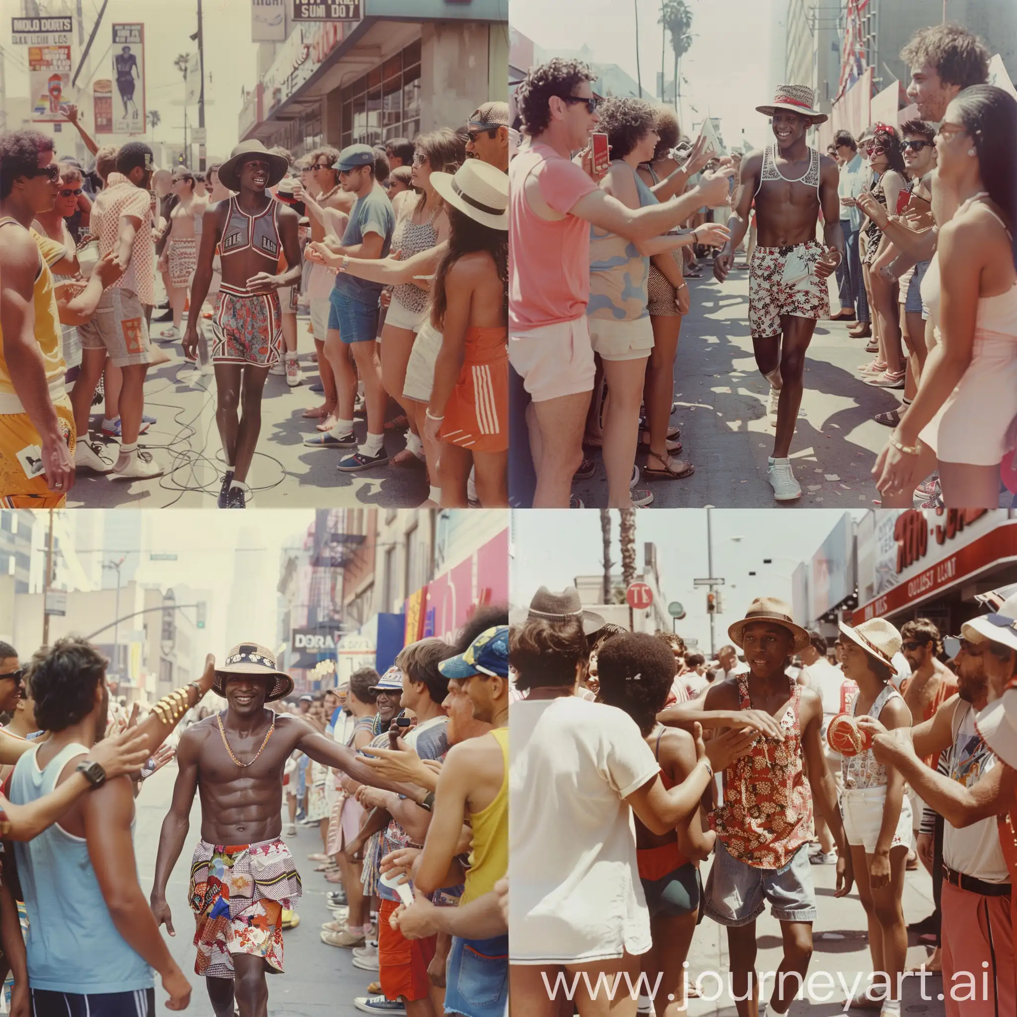 A 1980s photograph of A young Michael Jordan,Walking the streets of Los Angeles greeting fans,He is wearing a summer Outfit with a hat.