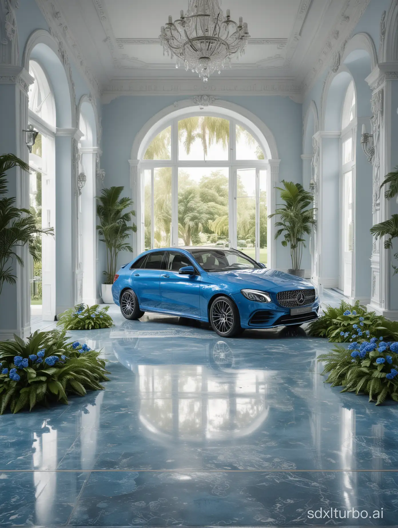 realistic image of an extravagant showroom with a BLUE Mercedes car, with intricate carvings and details, surrounded by the lush greenery of the landscape, modern, luxurious, and exuberant mansion with BLUE details. Blue flower vegetation. Blue skateboard on the floor