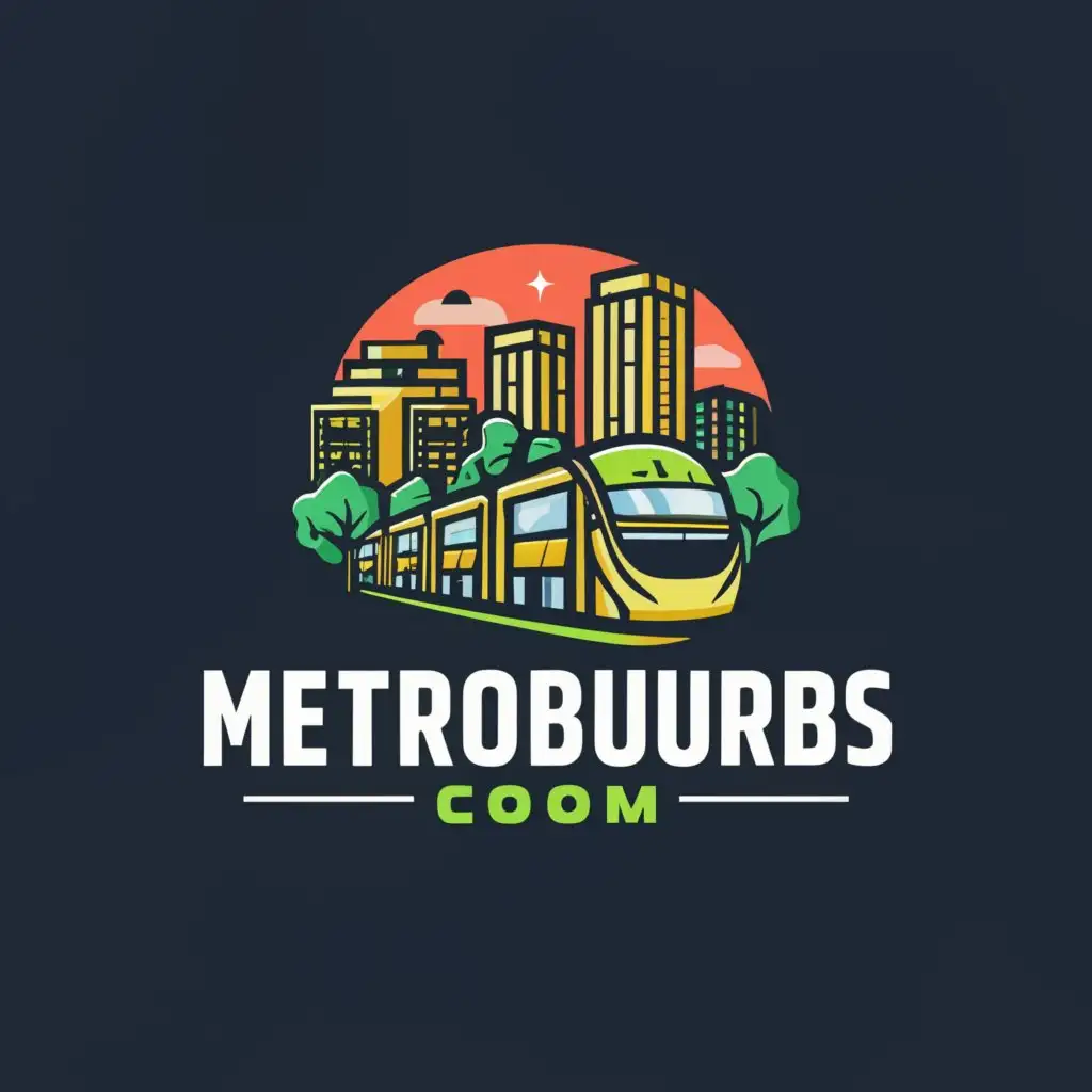 a logo design,with the text "Metroburbs.com", main symbol:A utopian elevated train with highrises in the background and trees in the foreground on a pure white background,Moderate,be used in Real Estate industry,clear background