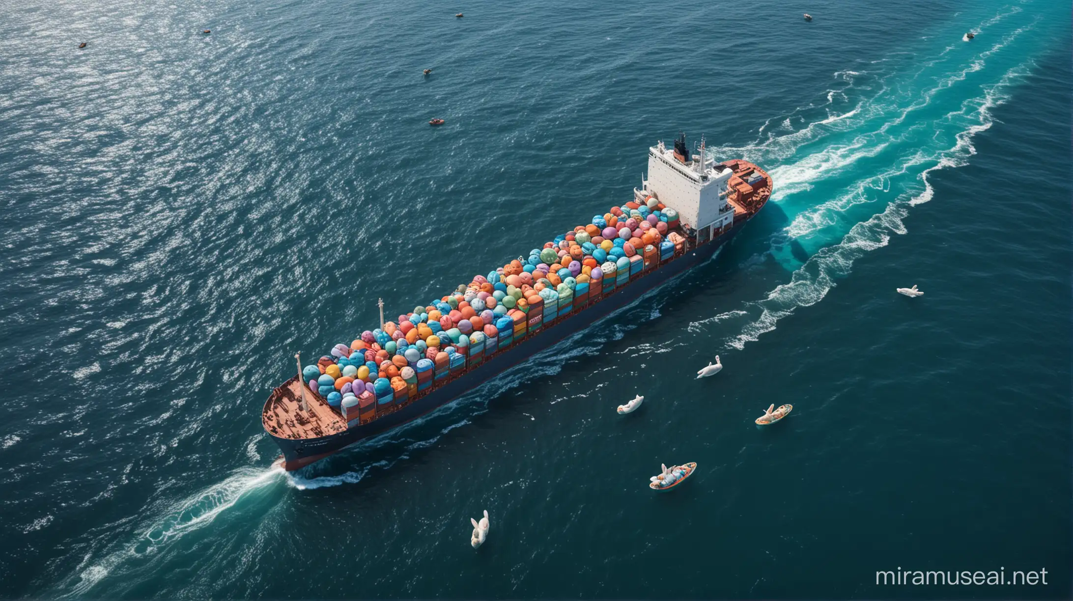 Cargo ship with containers carrying easter eggs, with easter bunnies, in a festive mood, in a vast blue ocean, areal shot. 