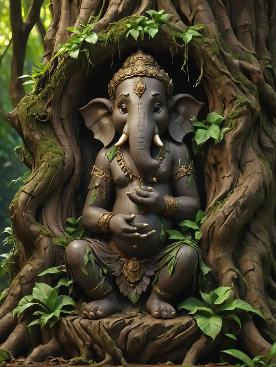 Artistic Ganesh Idol Carved from Teakwood in Natural Forest Setting