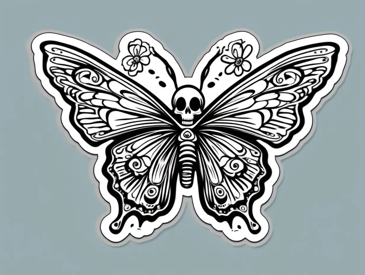 /imagine prompt:Butterfly sticker With Skull wings , Sticker, Cute, Monochrome, Naive Art Style, Contour, Vector, White Background, Detailed
