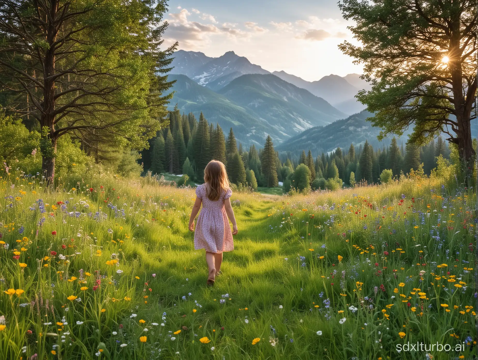 The pretty little girl walks on the grass, surrounded by wildflowers, with mountains in the distance and big trees behind.