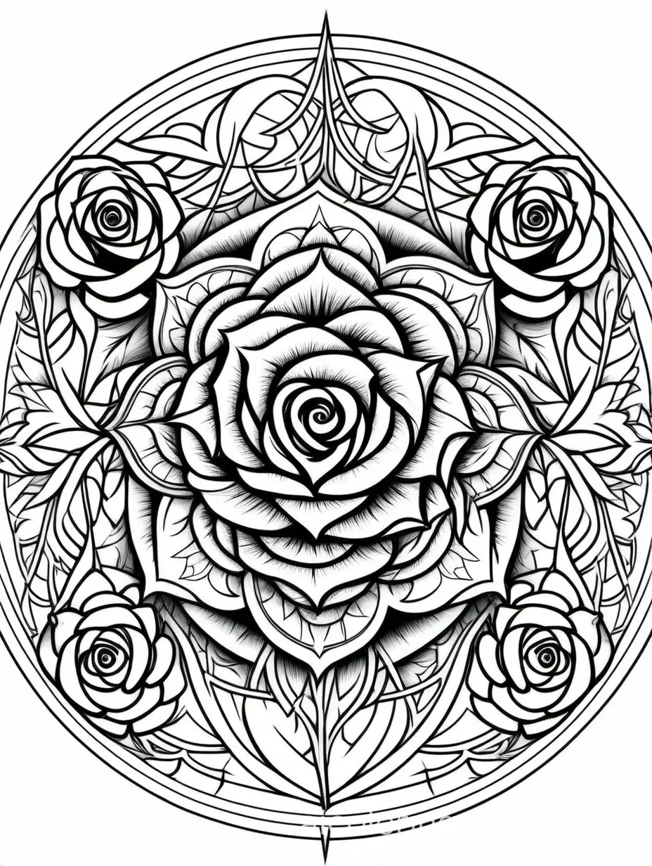 Intricate, delicate mandalas of roses with the thorny vines merging to form dreamcatcher patterns, depth, epic shading, crisp lines, adult, Coloring Page, black and white, line art, white background, Simplicity, Ample White Space. The background of the coloring page is plain white to make it easy for young children to color within the lines. The outlines of all the subjects are easy to distinguish, making it simple for kids to color without too much difficulty