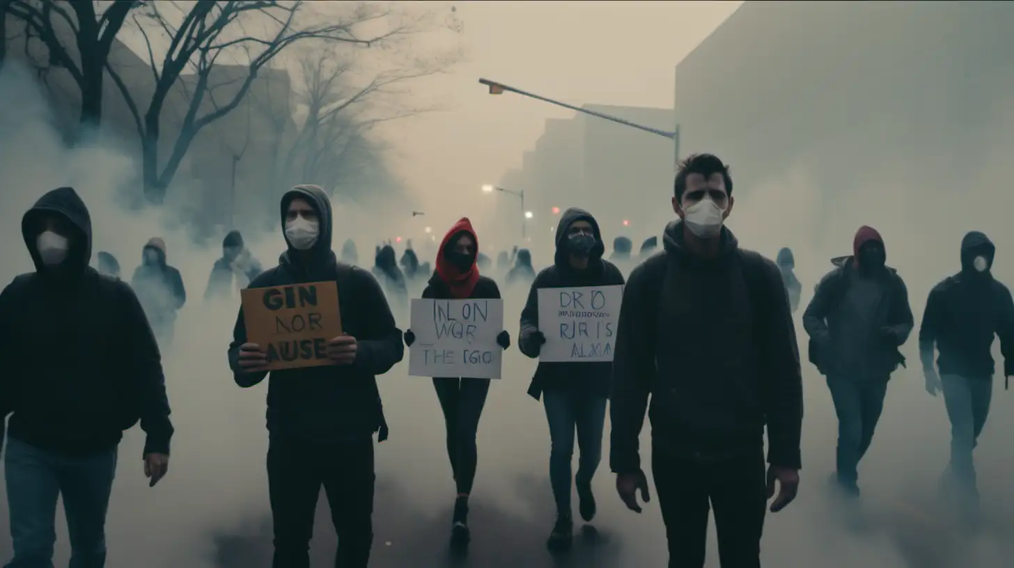 Cinematic 4K Shot of Modern Protestors in the Fog of Tear Gas