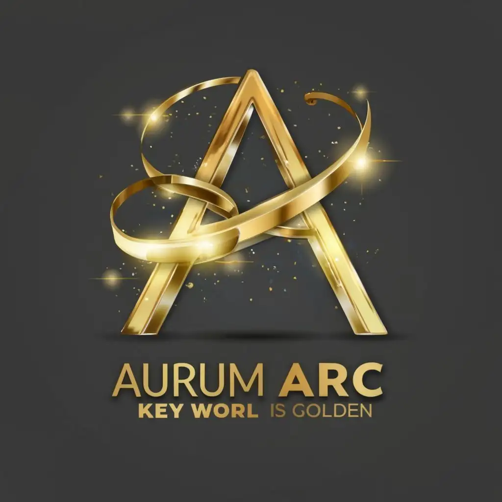 logo, A, with the text "AURUM ARC IS KEY WORD WITH GOLDEN COLOUR", typography