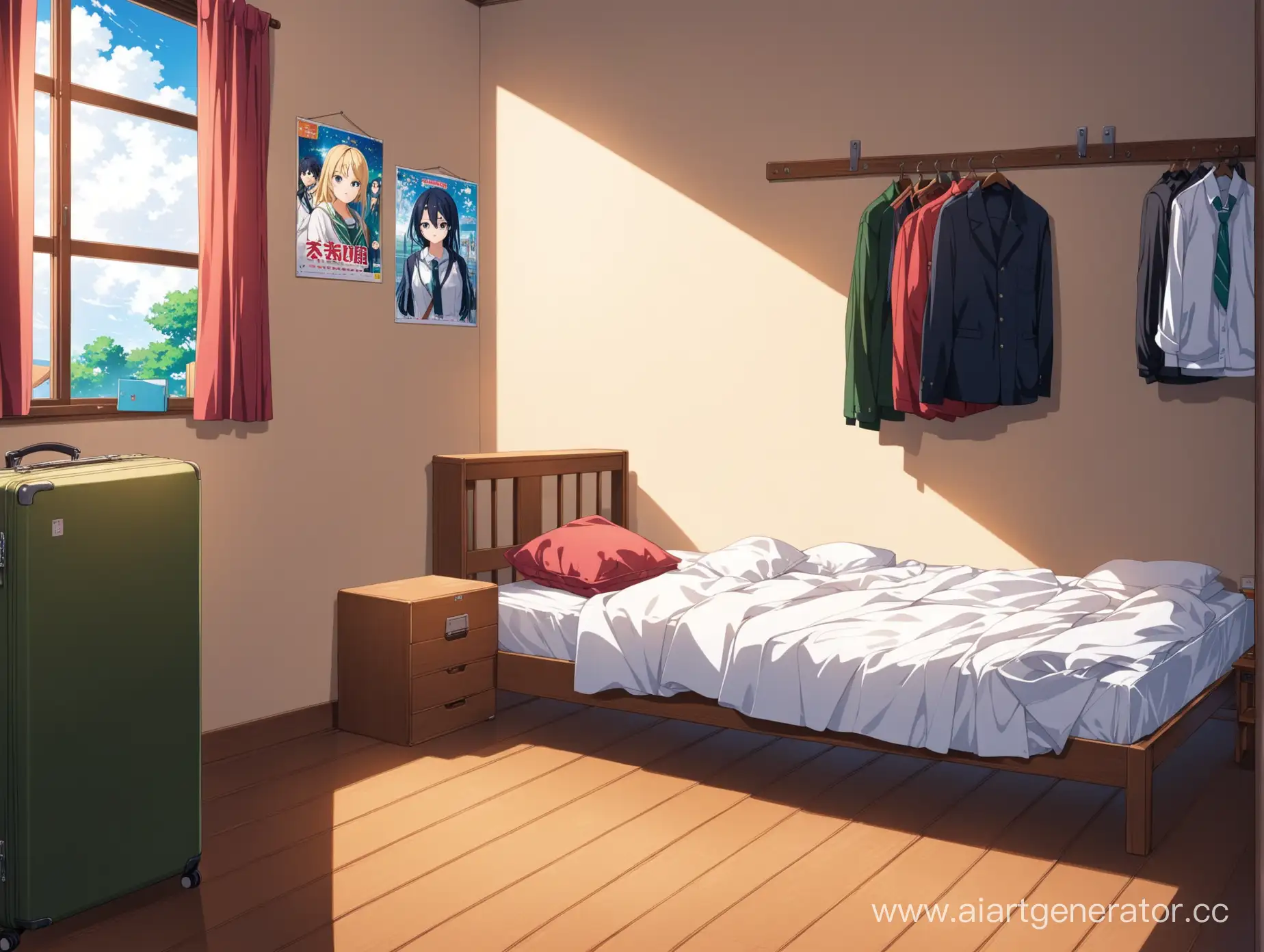 Комната школьника. На стенах висят аниме-плакаты. кровать не отправлена. на стуле висит одежда. у кровати стоит собранный чемодан
