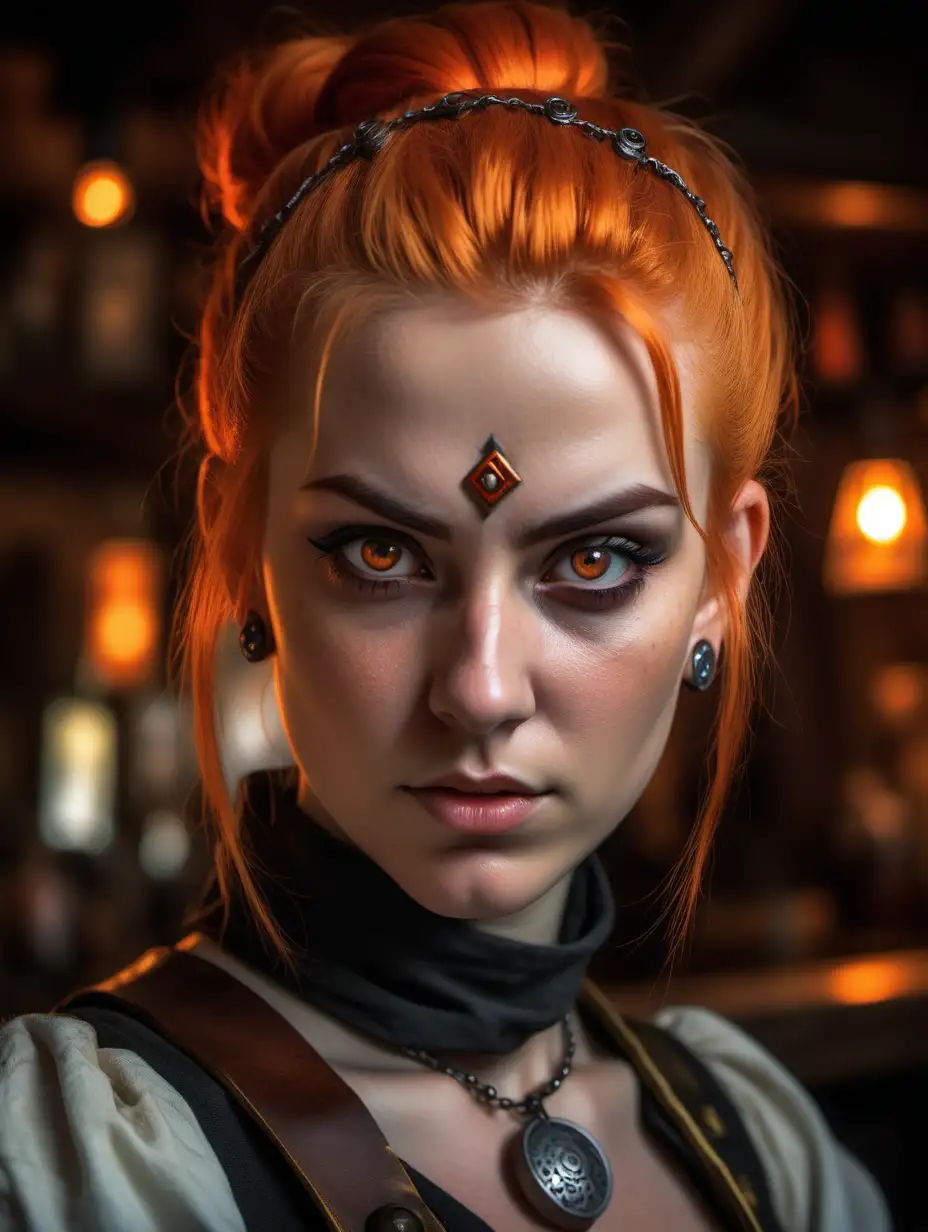 female rogue, pensive expression, dark gray eyes, cute, strong, amulet necklace, small stud earrings, bright orange hair in a tight bun, detailed eyes, detailed face, bartending, medieval fantasy, small tavern, super detailed, hyper realistic photography, head shot, face only, extreme closeup