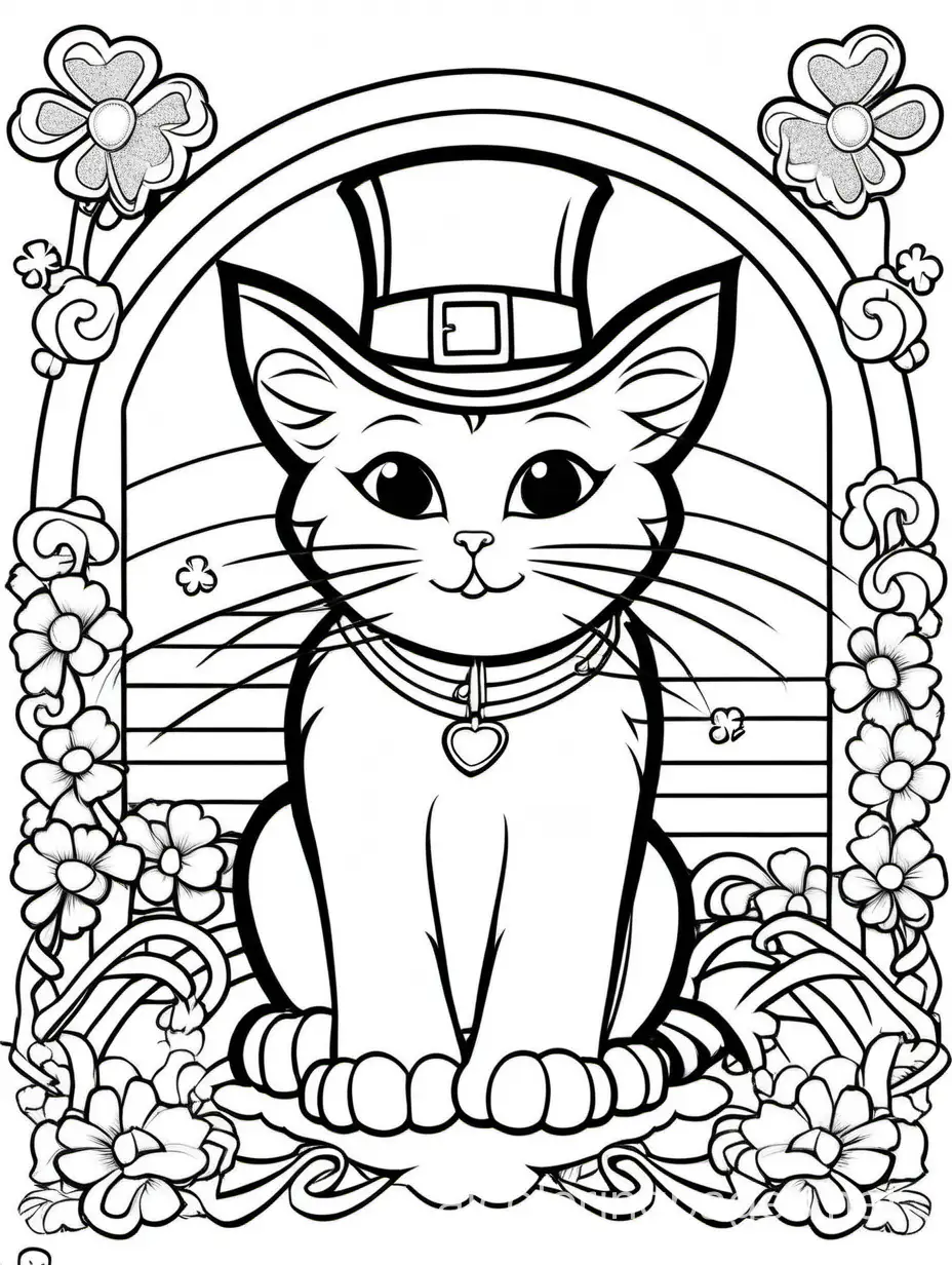 st patricks day cat, Coloring Page, black and white, line art, white background, Simplicity, Ample White Space. The background of the coloring page is plain white to make it easy for young children to color within the lines. The outlines of all the subjects are easy to distinguish, making it simple for kids to color without too much difficulty