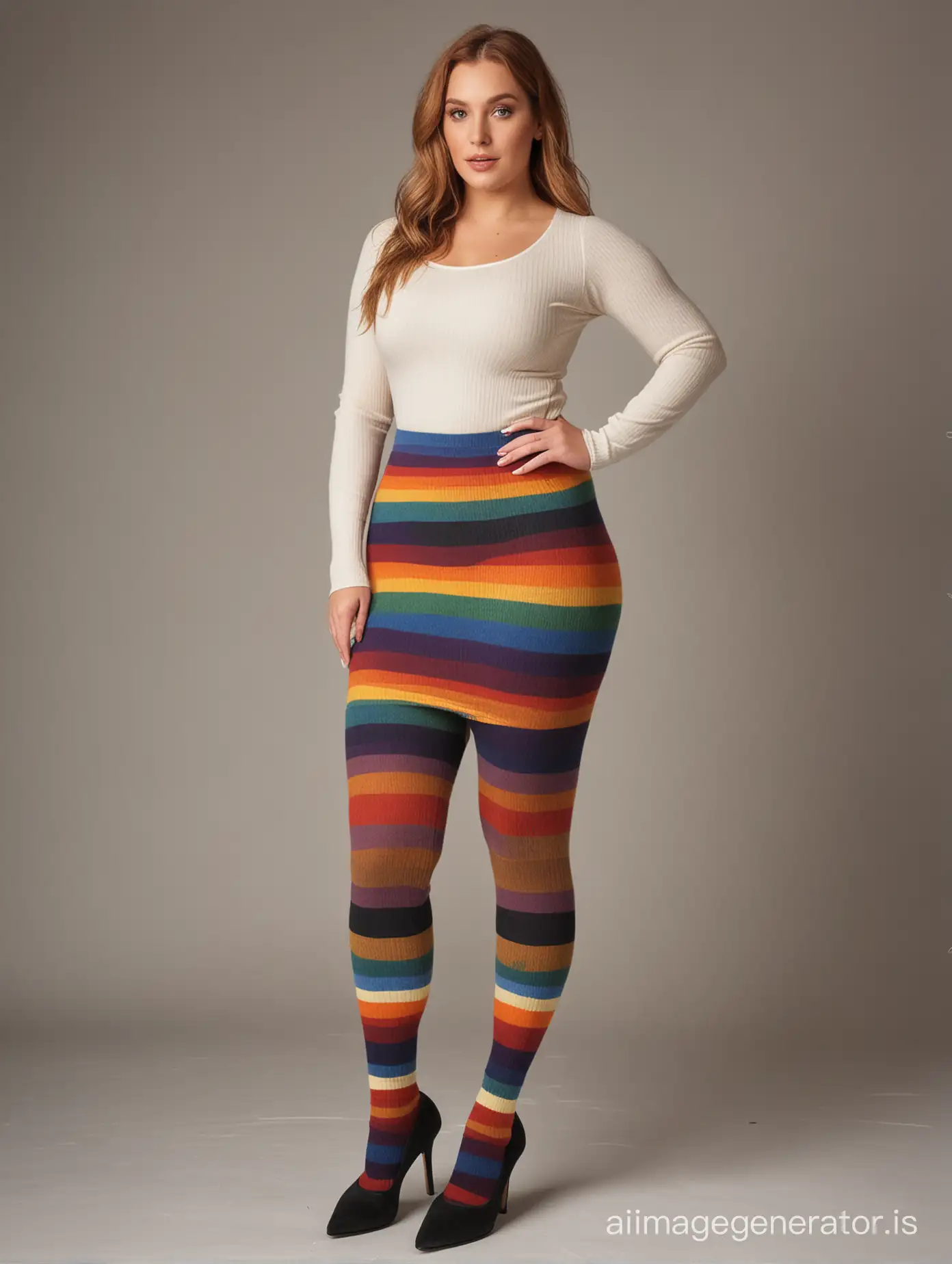 curvy woman full body "extra thick ribbed rainbow wool tights" "short skirt"