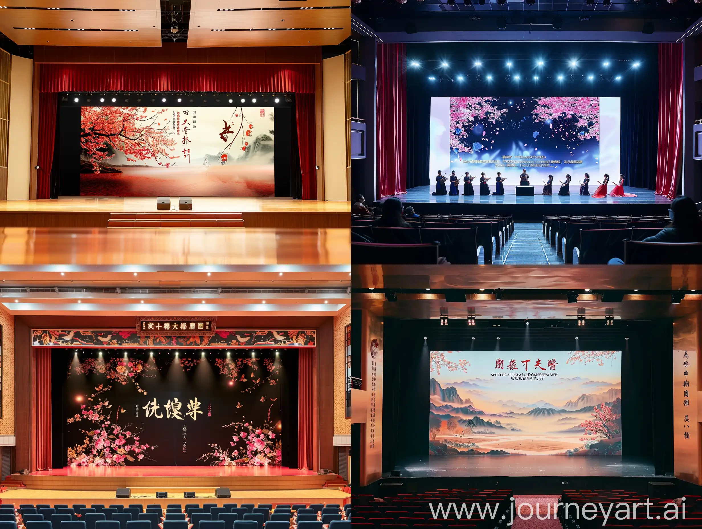 请设计并生成一张舞台大屏幕背景图，图上主题文字是“武汉市青少年宫文艺部教师专场演出”。演出的主要节目是美声声乐和器乐。