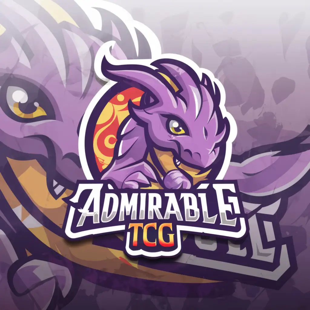 a logo design,with the text "ADMIRABLE TCG", main symbol:Develop a female dragon flat vector, illustrative-style mascot logo for ADMIRABLE TCG and introduce a playful character with magical card powers, interacting with various game elements like dice or tokens. Use a vibrant purple color palette with white accents to appeal to a younger audience on a white background.,Moderate,be used in Retail industry,clear background