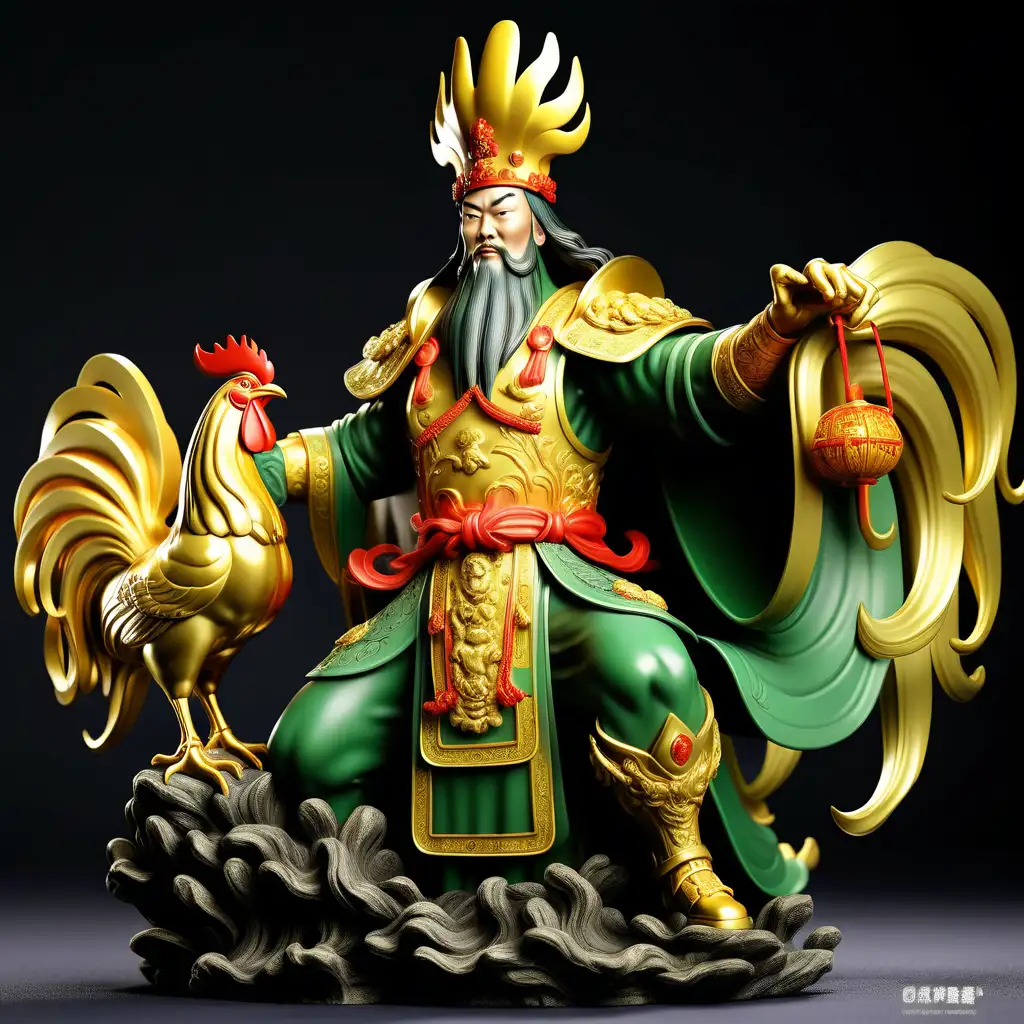 Guan Yu the Avenger Deity Adorned with a Golden Rooster Crown Majestic 18K Portrait
