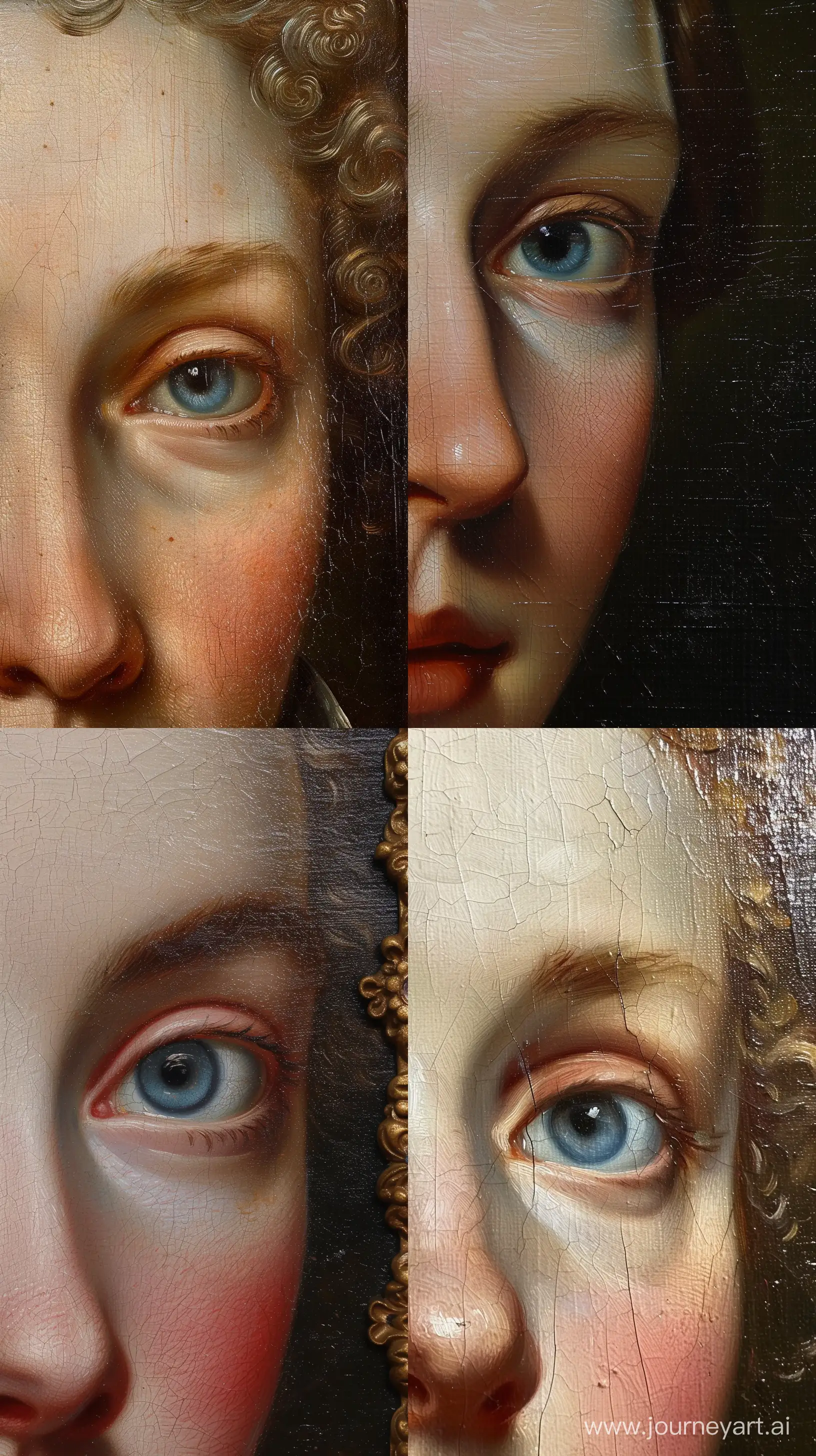 A close of an antique baroque portrait of a woman blue eye, oil painting --ar 9:16