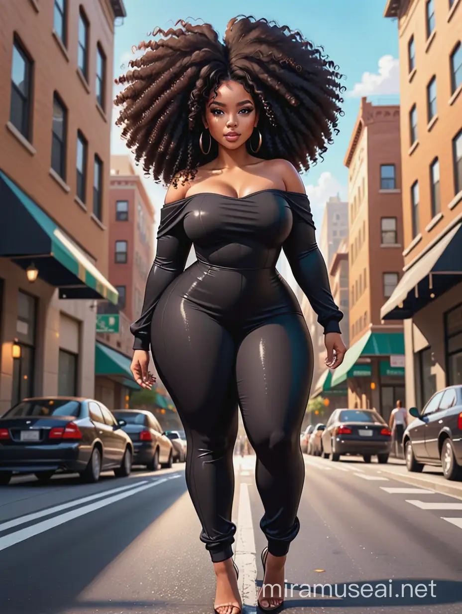 Create a magna cartoon image of a curvy black female walking thru the city streets wearing a black off the shoulder jumpsuit. Prominent make up with brown eyes. Highly detailed tight curly black shiny afro