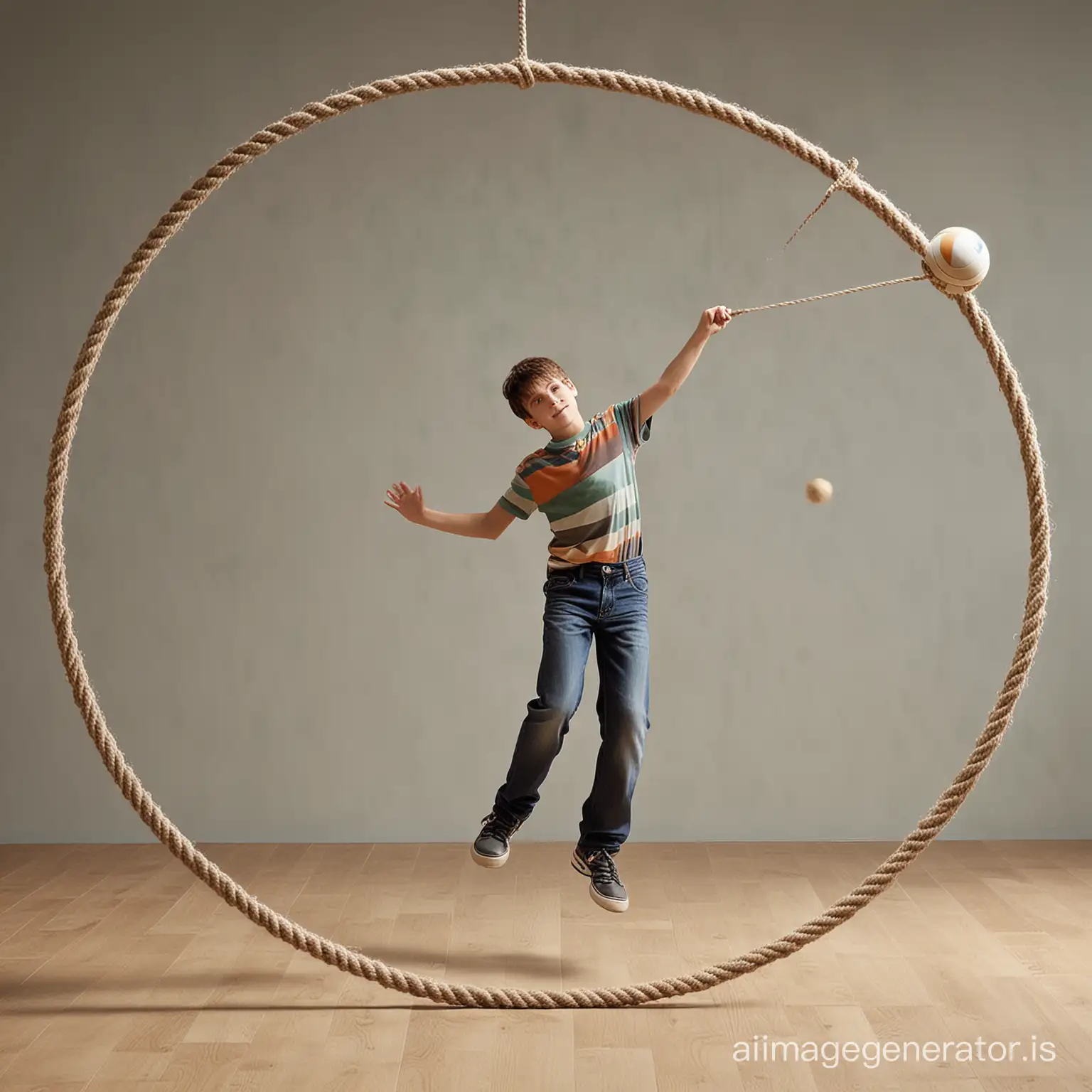 Generate an image depicting a boy swinging a ball in circular motion using a rope. The boy is standing with his arm extended, holding one end of the rope, while the other end is attached to the ball. The ball is shown at the end of the rope, moving in a circular path around the boy's hand. The scene should convey the dynamics of circular motion, with the ball appearing blurred to indicate its motion.