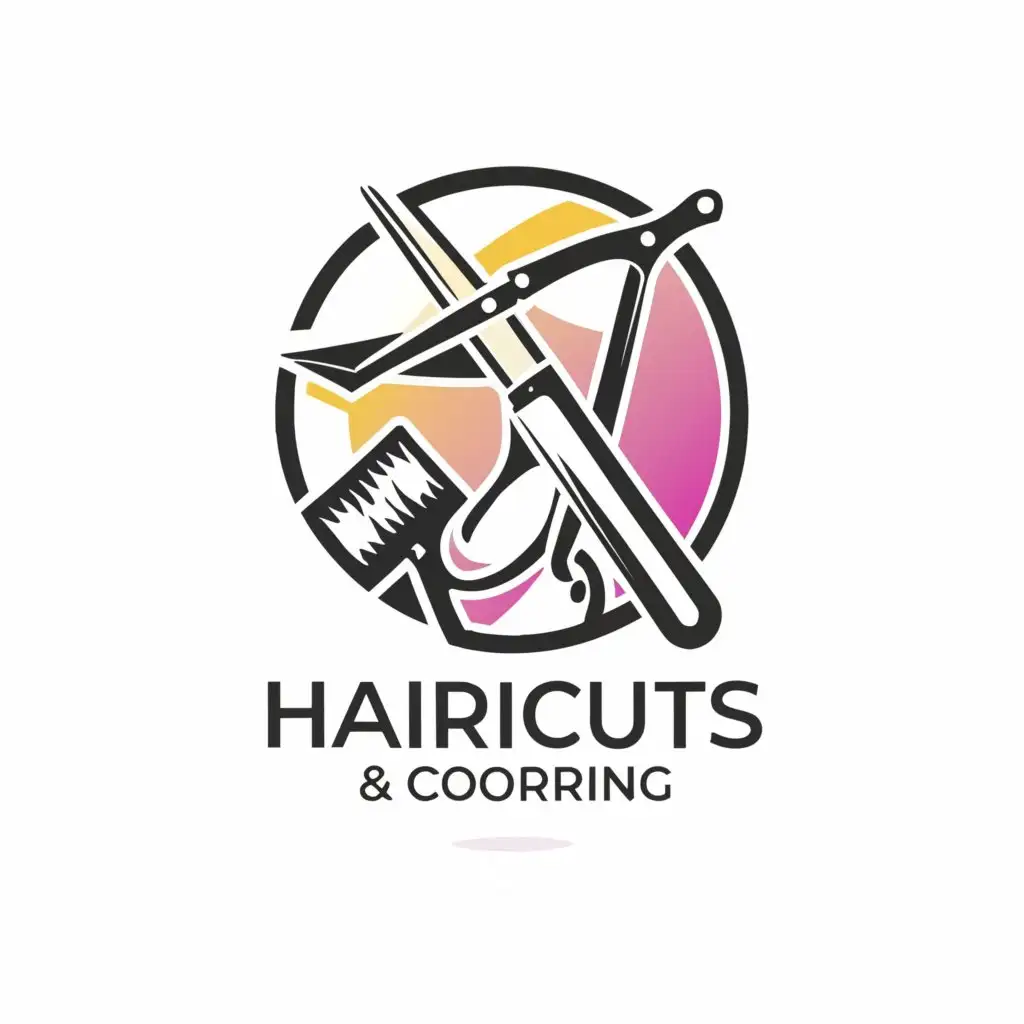 a logo design,with the text "Haircuts coloring", main symbol:hairdryer scissors,Moderate,be used in Beauty Spa industry,clear background