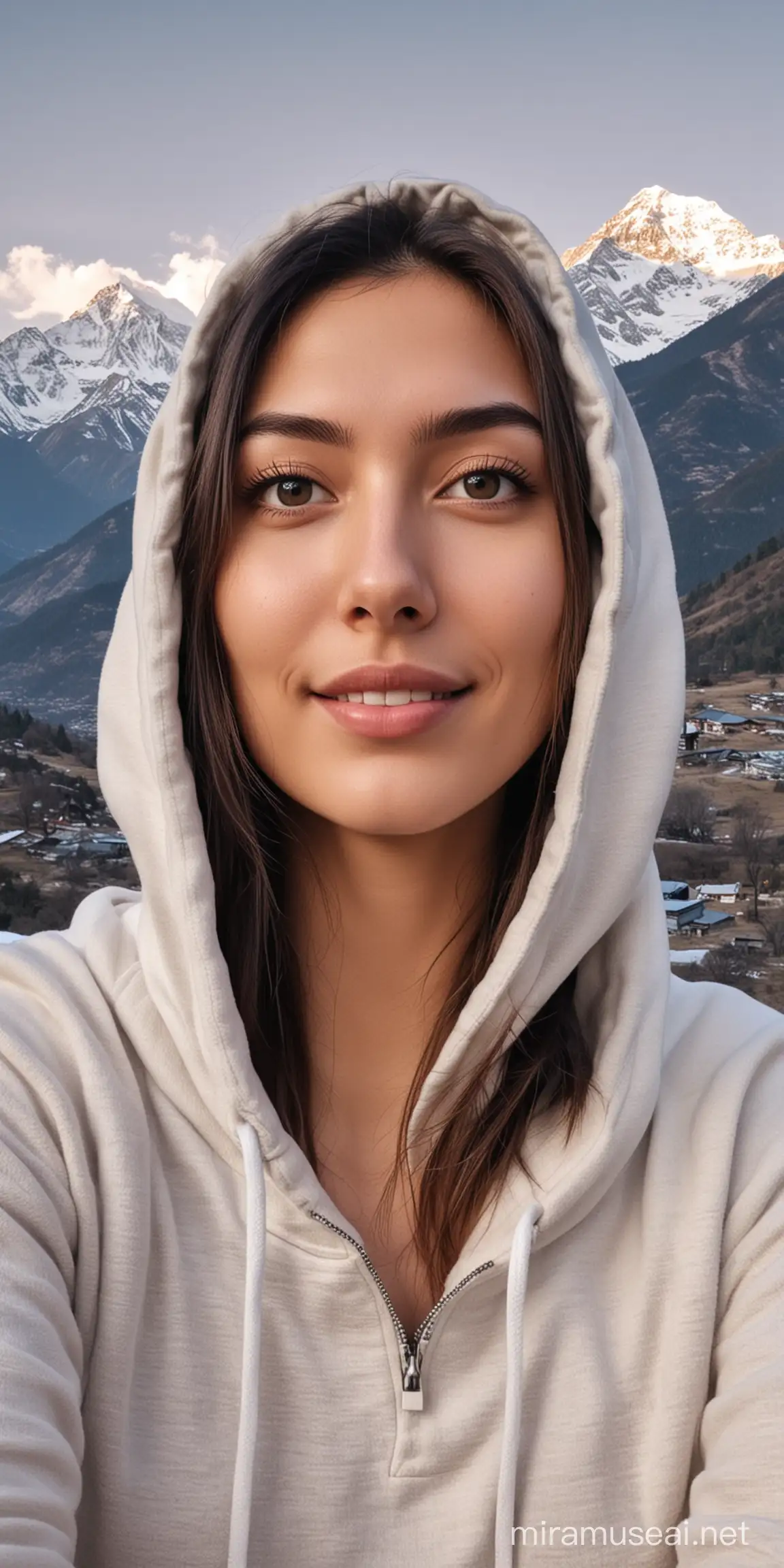 a girl wearing hoodie in front of Himalayas on a video call 