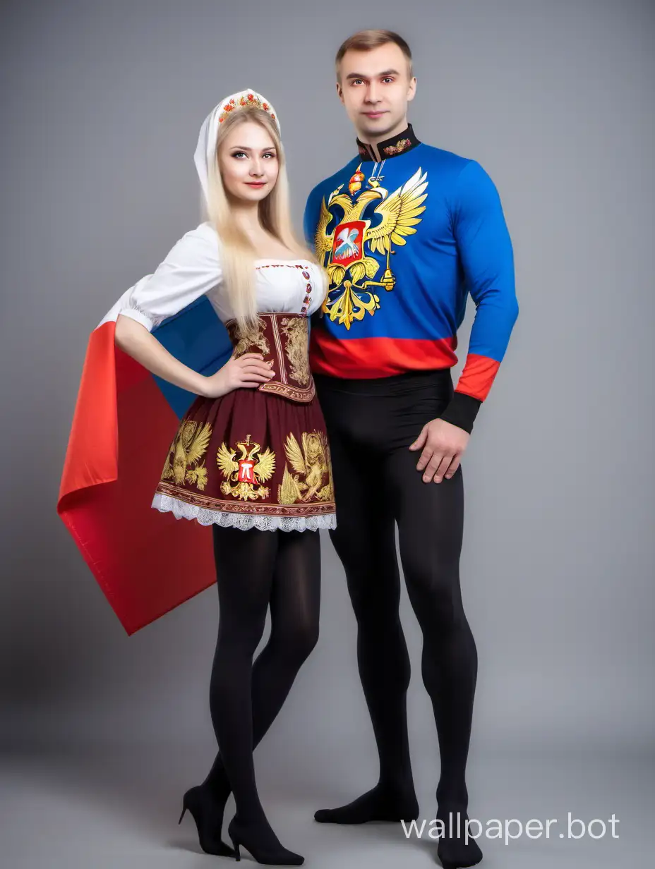 Russian beautiful girl, blonde, in national Russian costume and black tights, next to a Russian guy, blonde. Next to the flag of Russia. Full-length picture