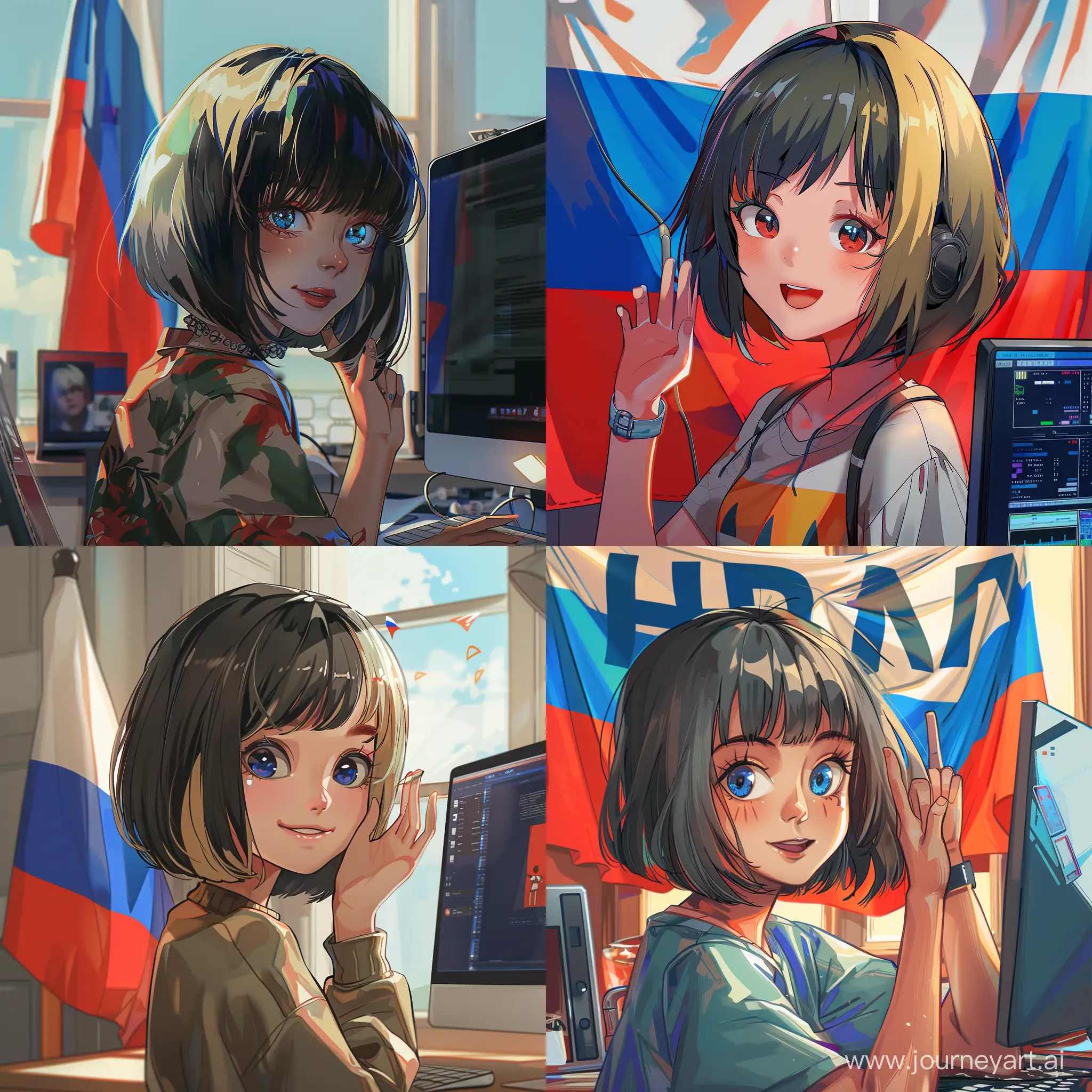siberian dark-blonde bob hair streamer girl saying hi with computer and russian flag on the background anime style