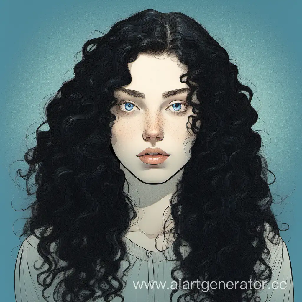 Портрет бледная Девушка с длинными черными вьющимися волосами, с овальным лицом, широко-посаженными голубыми глазами, с веснушками, с вздернутым носиком, с выщипанными бровями, с высоким лбом, с пухлыми губами.