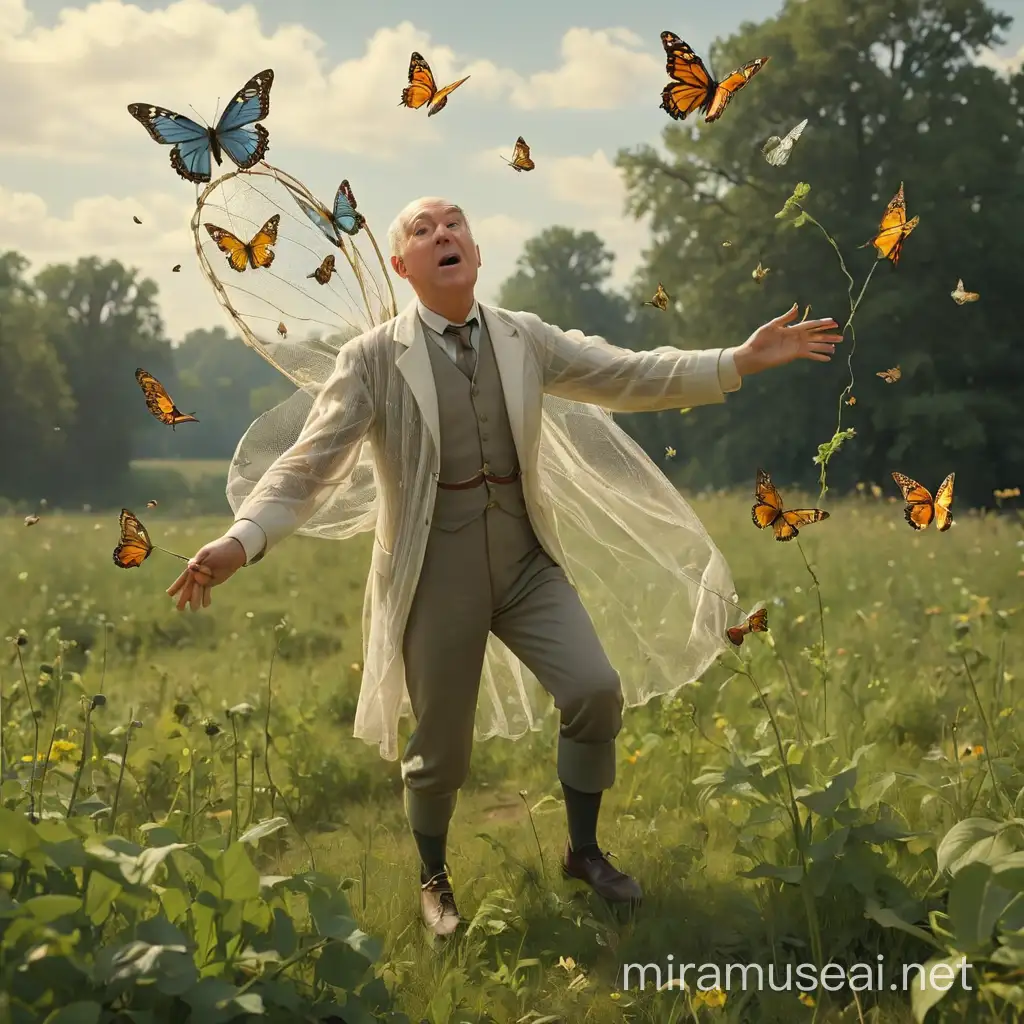 Writer Vladimir Nabokov in early 20th century costume catches butterflies with a net in a field. We see him in full height, with arms and legs. In the style of 3d animation, realism.