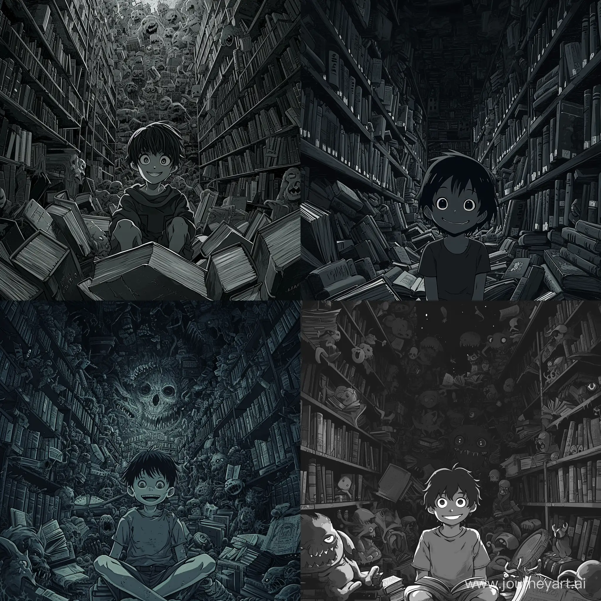 in a dark and eerie anime style reminiscent of Junji Ito's works a boy with an smile sits amidst a surreal library of bizarre, eldritch books. The color temperature is a chilling monochromatic grayscale