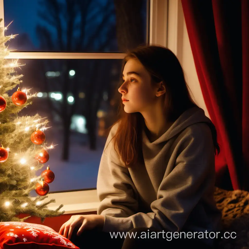 Thoughtful-Young-Woman-Embraces-Solitude-by-the-Window-on-New-Years-Night