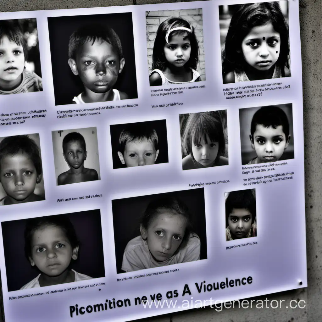 Выставка фотографий детей на улице которые пострадали от домашнего насилия, так же люди которые ходят мимо