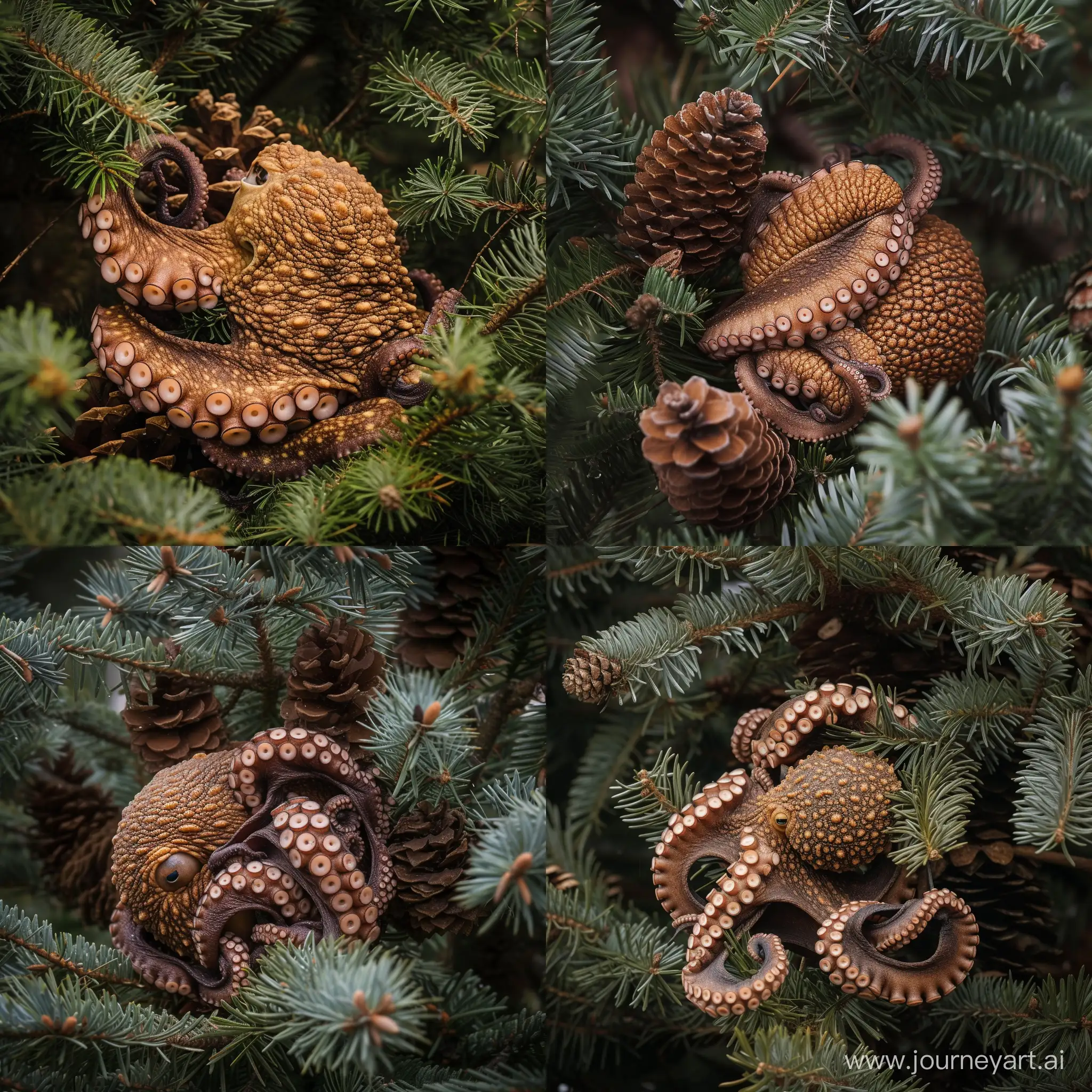 Camouflaged-Octopus-in-Pine-Tree-Hidden-Wildlife-Encounter