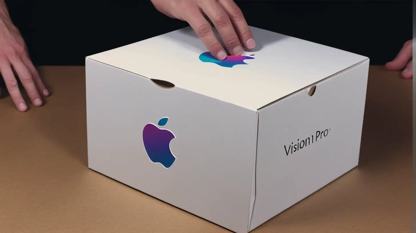 Create a thumbnail for an Apple Vision Pro unboxing video. It should show a mysterious white box being opened. Use colors that will catch people's attention. The image should bring people's attention to what's inside the box. It should trigger people's curiosity to what is inside the box. 
