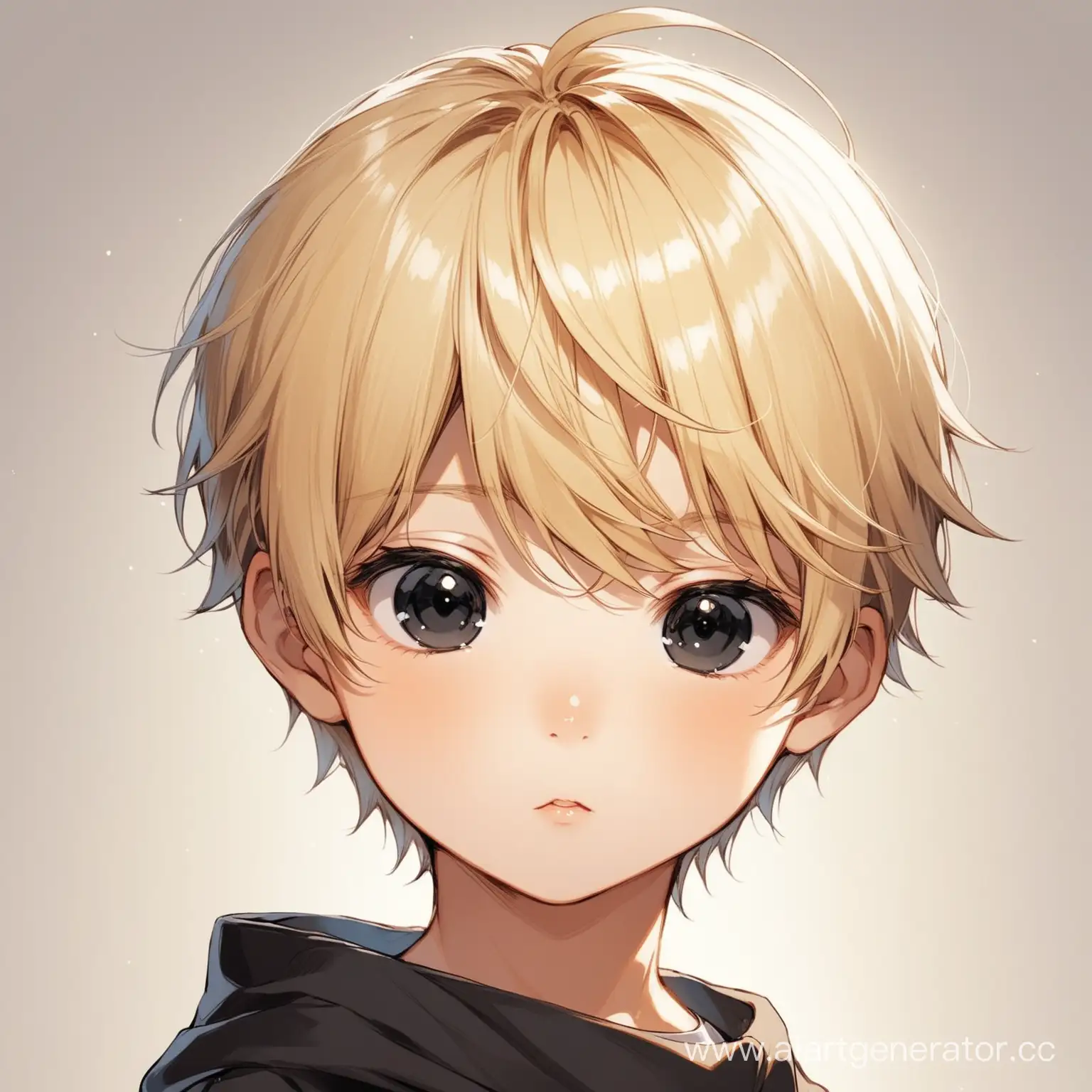 little boy, short blond hair, black eyes