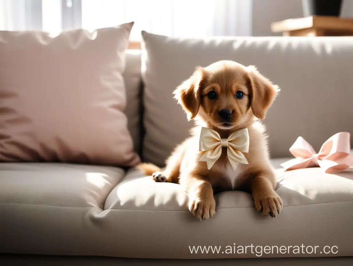 Adorable-Puppy-Relaxing-on-Sunlit-Couch-with-Bow-in-Stylish-Interior