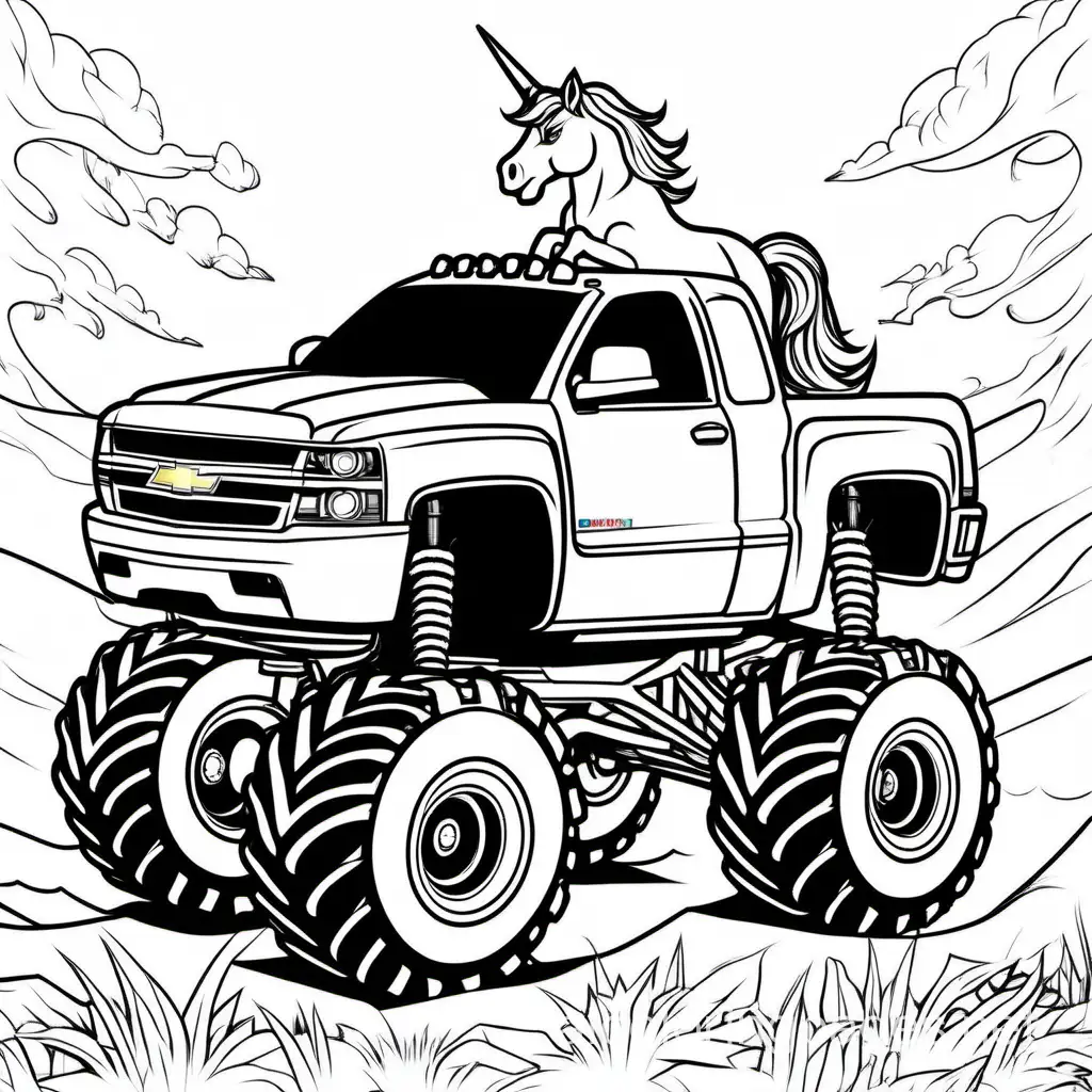 unicorn chevy monster truck, Coloring Page, black and white, line art, white background, Simplicity, Ample White Space. The background of the coloring page is plain white to make it easy for young children to color within the lines. The outlines of all the subjects are easy to distinguish, making it simple for kids to color without too much difficulty