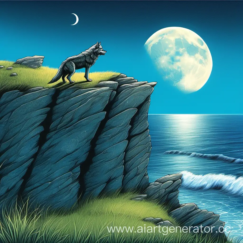 синее небо и синее море который на берегу есть трава и рядом есть скала. на обочине скалы есть волк который смотрит  на луну
