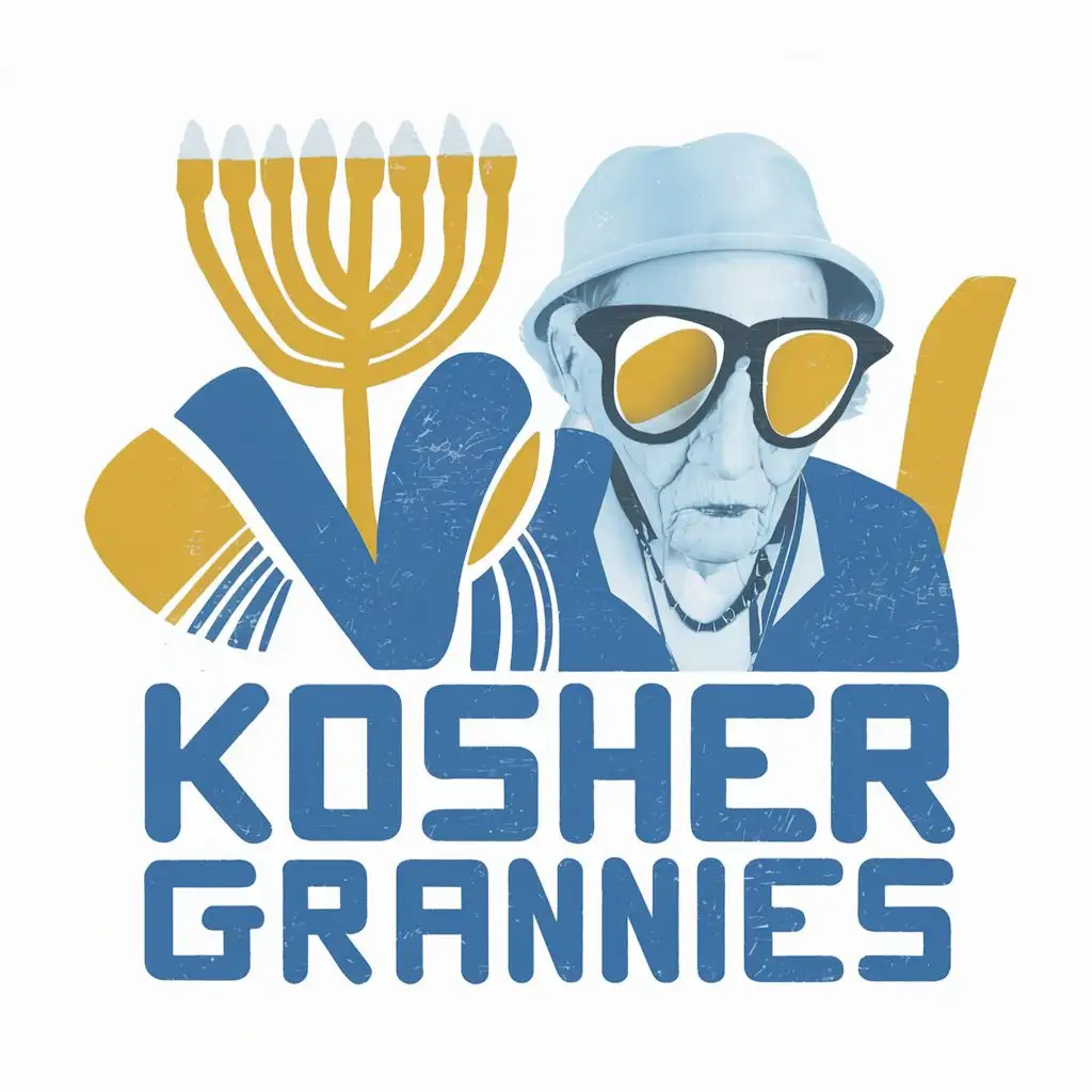 logo, Israel, yellow, blue, white, granny with Menorah, Paul Klee, with the text "Kosher Grannies", typography, be used in Automotive industry