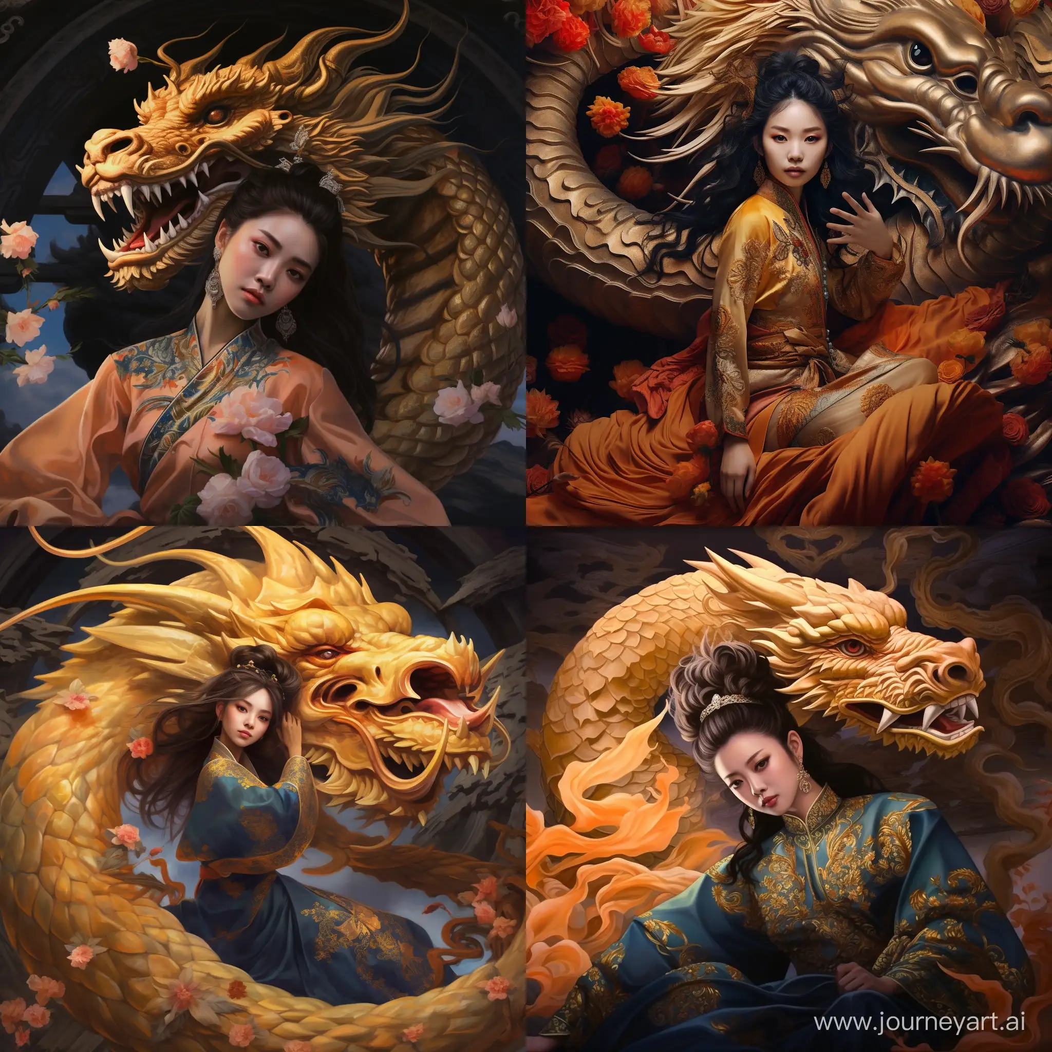 a golden Chinese dragon curling around a beautiful chinese princess