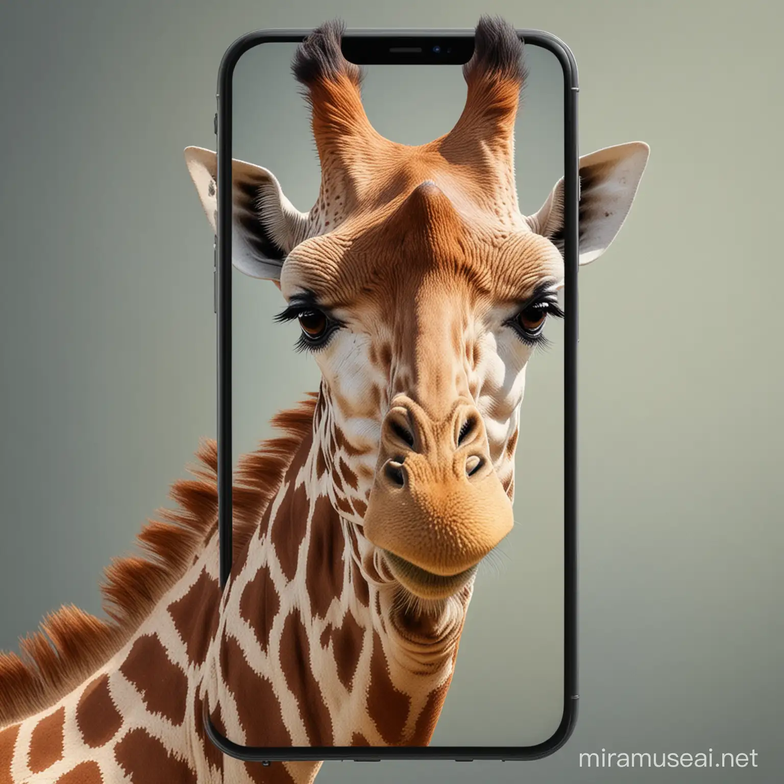 Realistic picture of one Giraffe, his face appears on the phone, and you see the rest of the giraffe body outside the screen. 