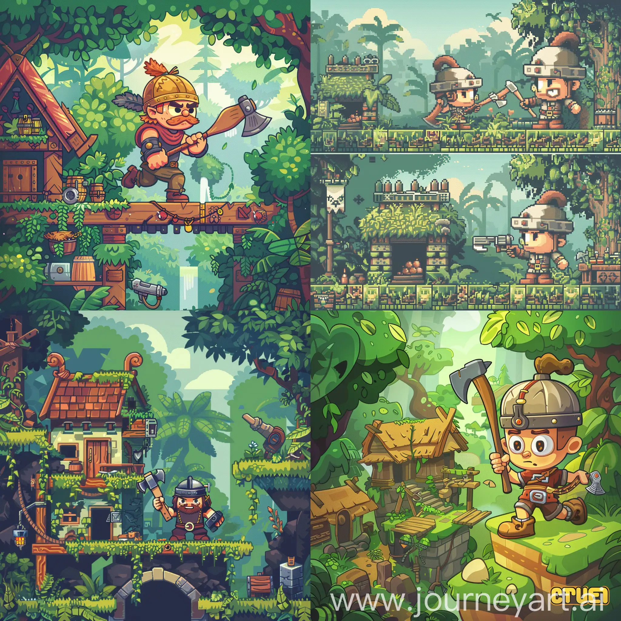 a spritesheet for a cute 2d platformer game character adventurer viking boy, carrying an ax as his main weapon and a small gun, on a lush green forest village level