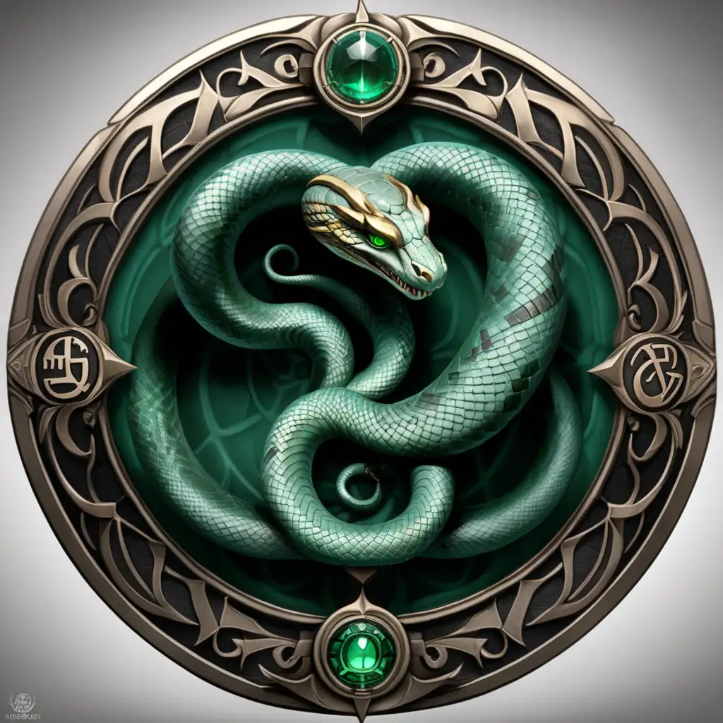 The Serpent Scales Syndicate's emblem is a captivating representation of their snake cult theme, exuding an air of mystery and danger. The symbol features a coiled serpent, intricately woven with mystical symbols, forming a circular design.

At the center of the emblem, a serpent with scales that glisten in shades of deep green and ominous black is coiled in an upward spiral. The serpent's eyes, resembling hypnotic orbs, radiate an ethereal glow. Its body, adorned with arcane symbols, gives a sense of ancient mysticism.

The circular border surrounding the serpent is embellished with serpentine patterns that intertwine, creating a seamless flow. The scales of the serpent subtly morph into shadowy figures, symbolizing the secretive nature of the syndicate. The outer edge of the emblem is adorned with subtle engravings of venomous fangs, adding an extra layer of menace.

The color palette chosen for the emblem includes deep greens, blacks, and hints of gold, evoking a sense of serpentine allure and mystic power. The entire design captures the essence of the Serpent Scales Syndicate, showcasing their affinity for serpents, ancient rituals, and the enigmatic world they inhabit. It serves as a powerful and recognizable symbol that strikes fear into the hearts of their rivals in the mythic underworld.