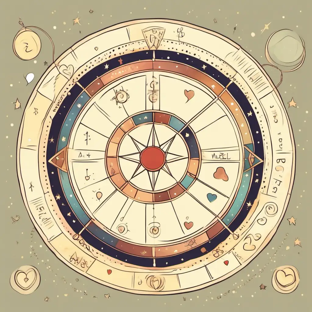 Draw an astrological wheel with envelope and little heart shapes AND PLACE A BANNER İN THE MİDDLE OF THE WHEEL , loose lines , Loose lines. Muted color, ADD A BANNER ON THE WHEEL
