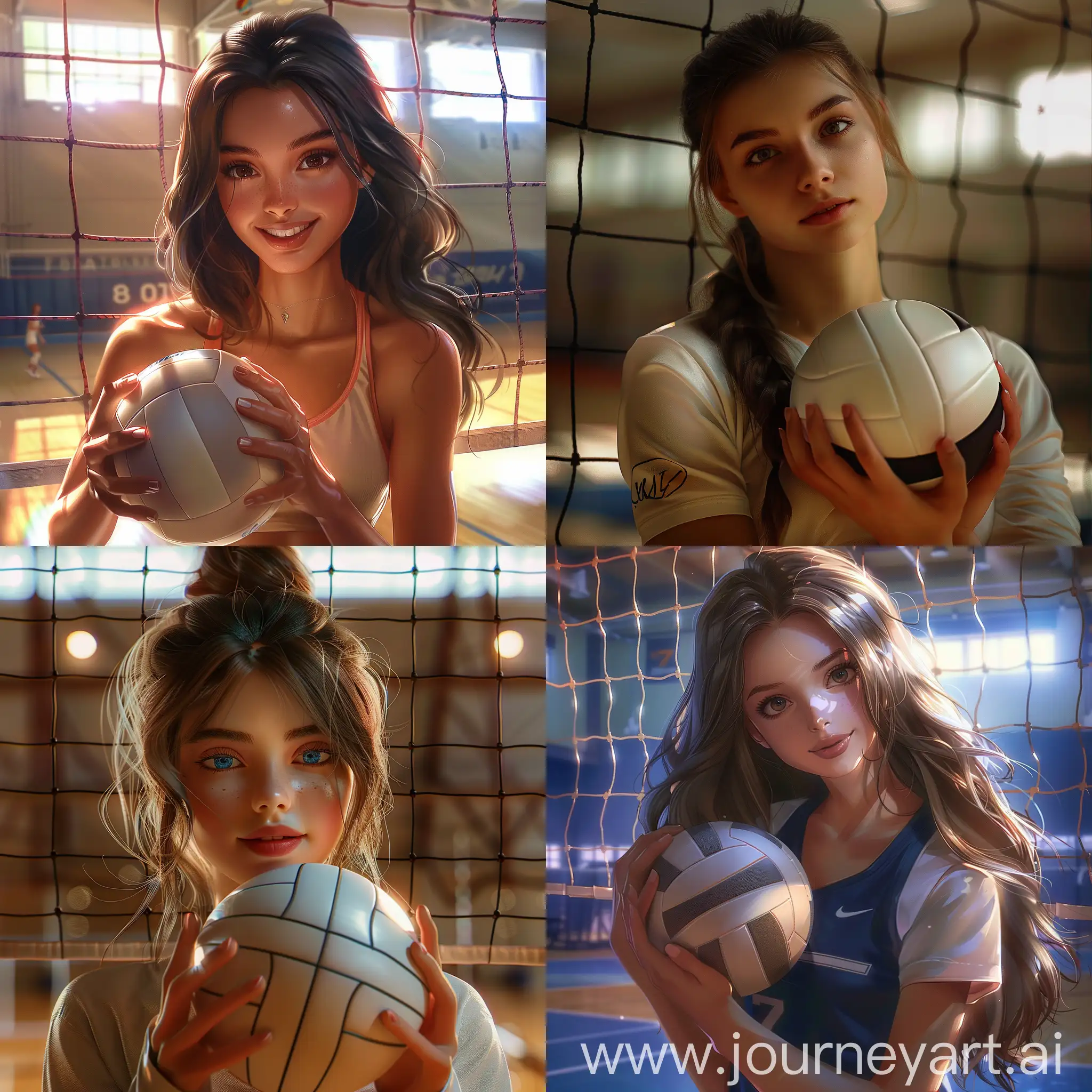beautiful girl, with a volleyball ball in her hands, gym volleyball net in the background, super detail, realistic, 8k, HDR, bright lighting, clear focus