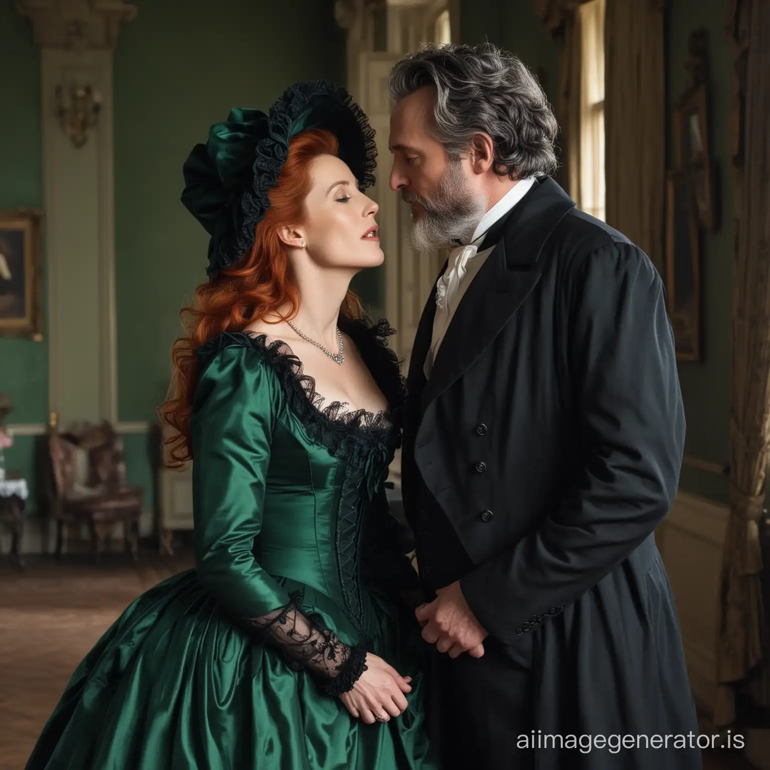red hair fat Gillian Anderson wearing a dark green floor-length loose billowing 1860 victorian crinoline high collared dress with a frilly bonnet kissing an old dressed man dressed into a black victorian suit who seems to be her newlywed husband
