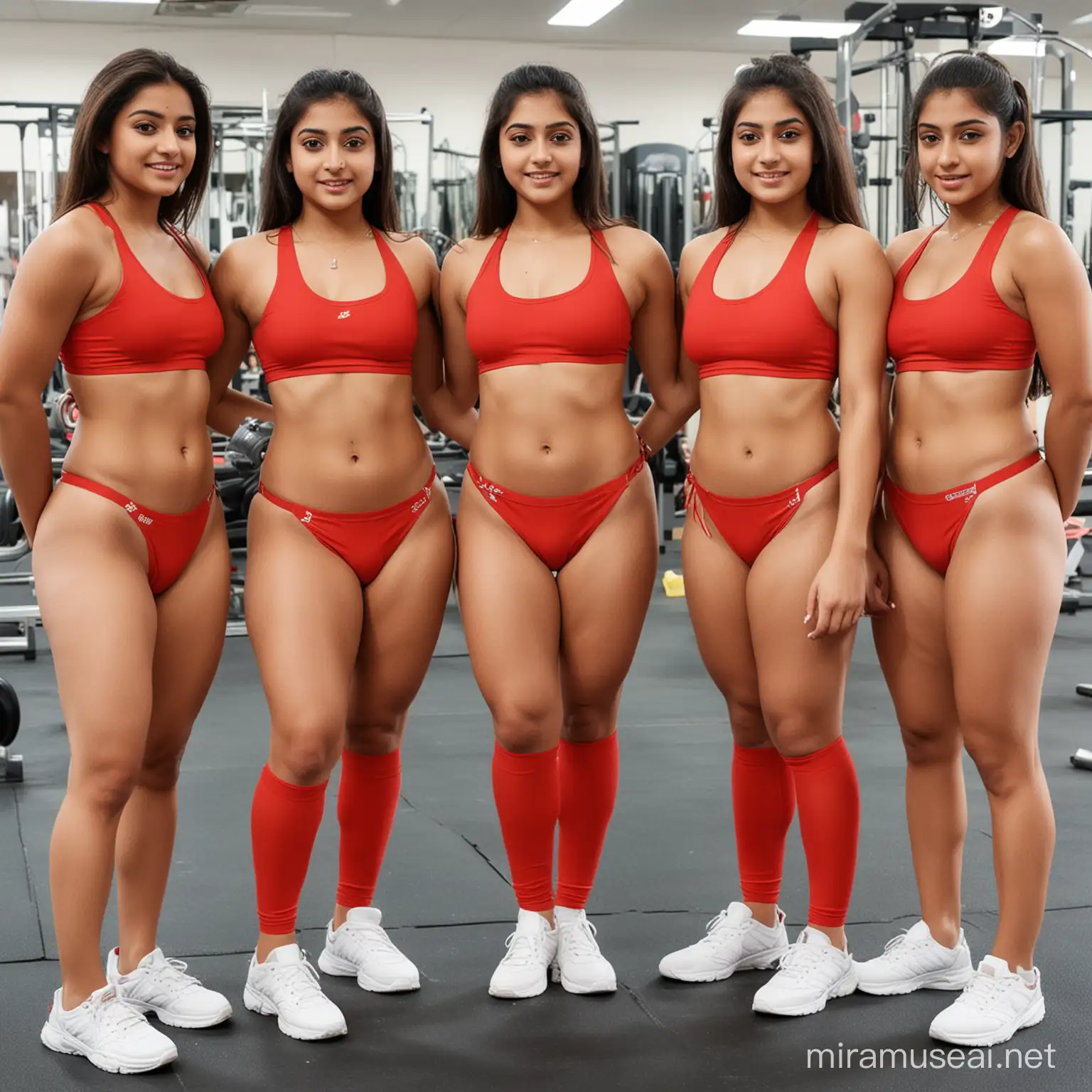 Facing Back Group of grade 11 very junior indian  girls wearing camel toe red G string   in gym