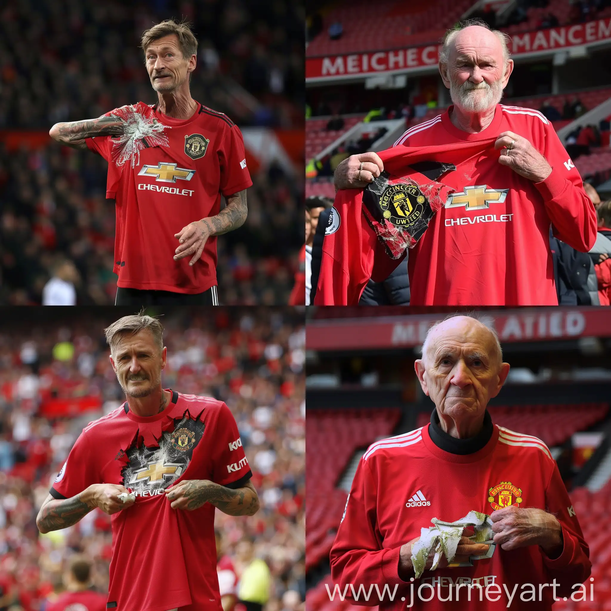 Sir Jim Ratcliffe begging with a ripped up manchester united shirt