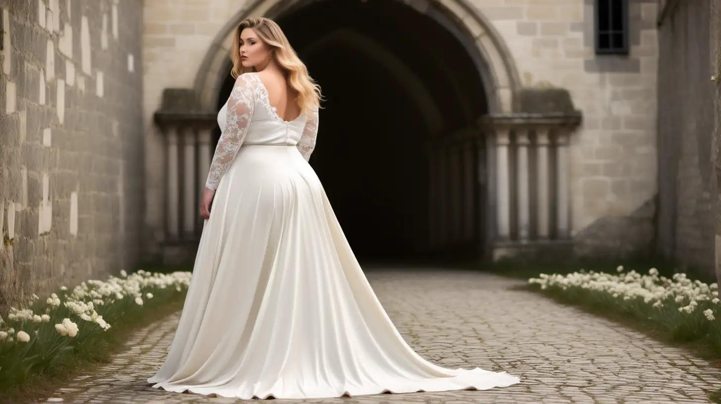 photo of the backside of the full length body of beautiful, sensual, classy, elegant curvy dark blond full bodied plus size model who is wearing an ivory wedding gown with circle ivory ITY skirt that ends at the floor just below ankles,  fitted stretch ivory lace bodice, long fitted sleeves, defined waistline, long hair is flowing, back view on separate image, luxury photoshoot outside a magical spring castle in France with light flowers, spring weather