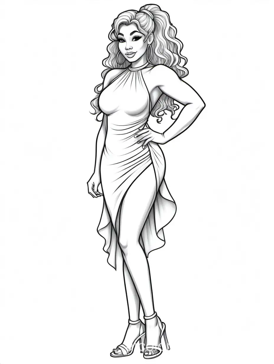 Polynesian transexual elf, Thicc, wearing backless skintight cocktail dress and elegant string high-heels, hair in a high pony-tail with curly bangs, Coloring Page, black and white, line art, white background, Simplicity, Ample White Space. The background of the coloring page is plain white to make it easy for young children to color within the lines. The outlines of all the subjects are easy to distinguish, making it simple for kids to color without too much difficulty