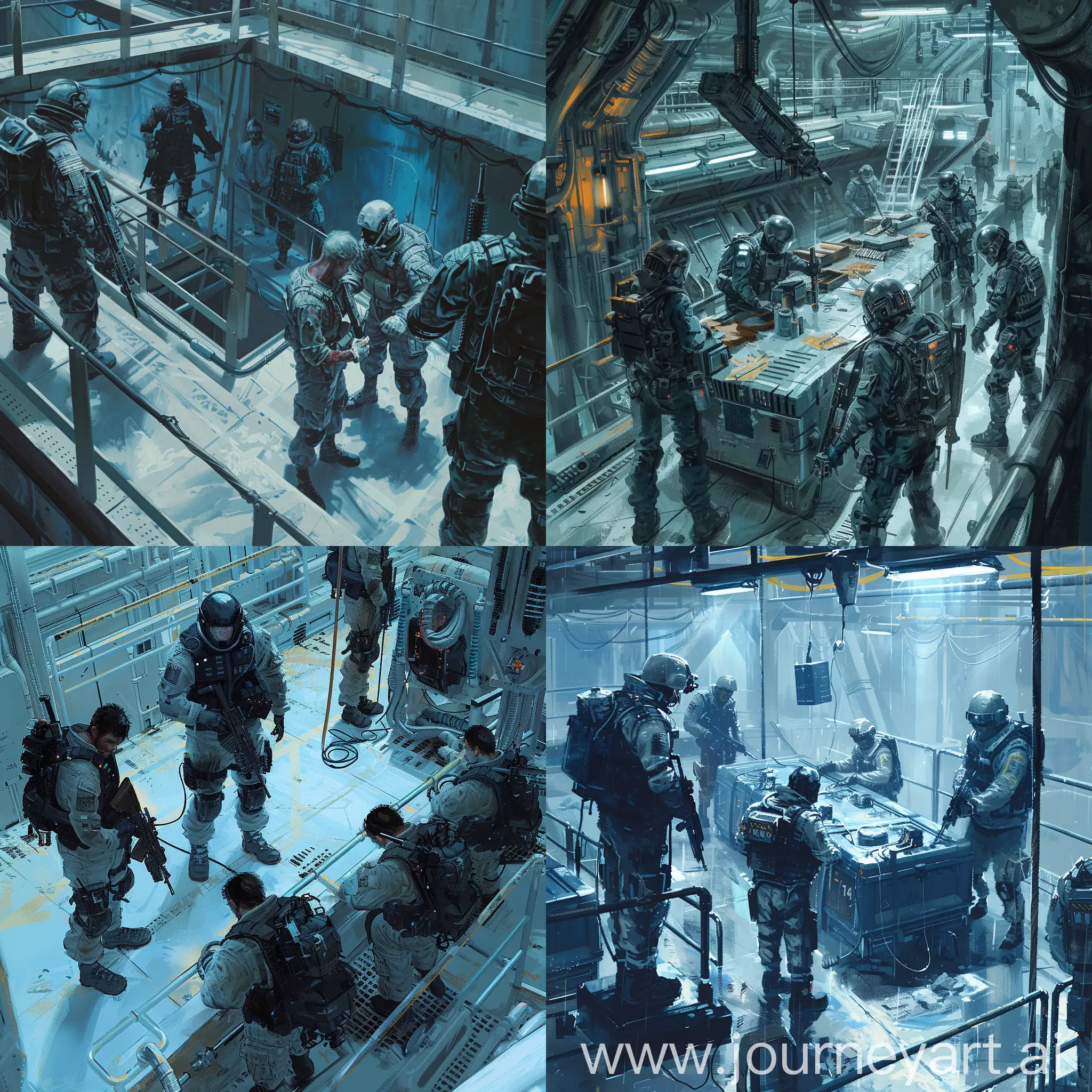 Dystopian-Space-Base-Interior-Nervous-Workers-and-Cold-Soldiers-in-Punk-Style-Oil-Painting