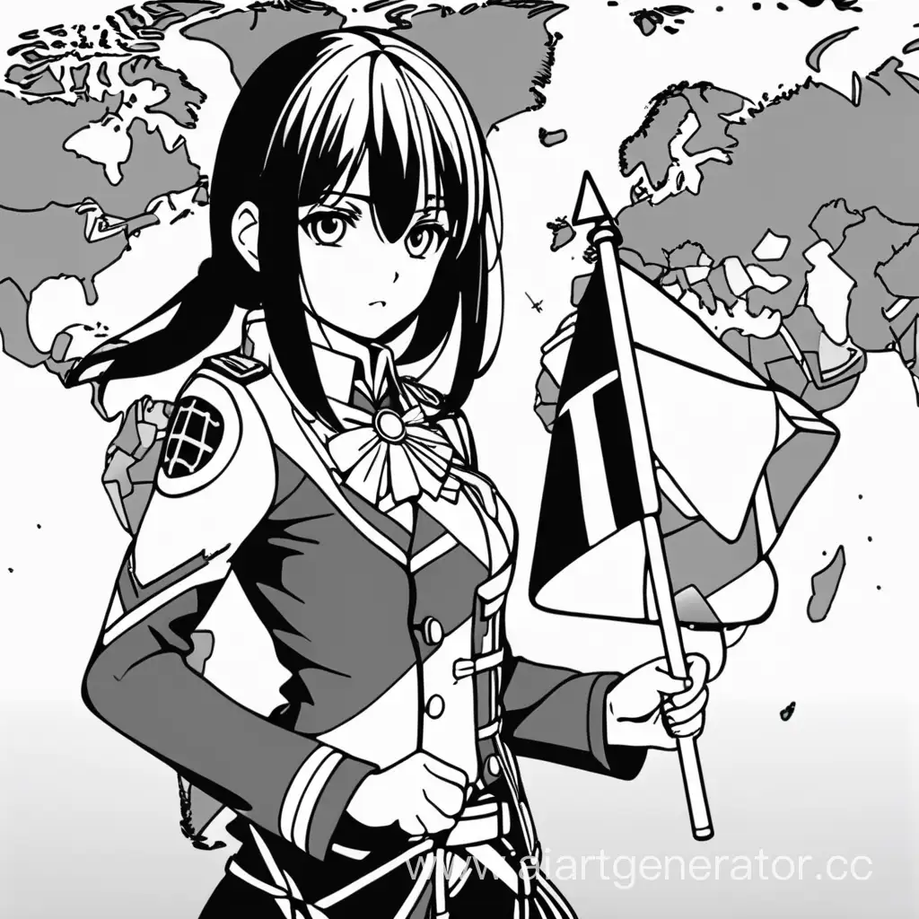 Anime-Girl-Planting-Flag-on-World-Map-in-Black-and-White