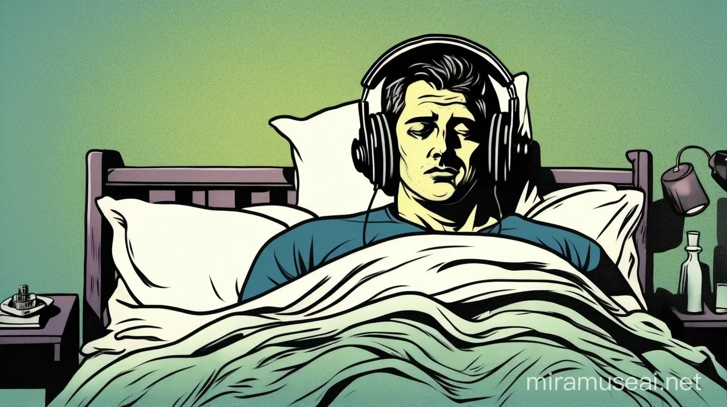 A man is in bed wearing big headphones, eyes open, has dark circles under his eyes.. An illustration in color for a short story podcast